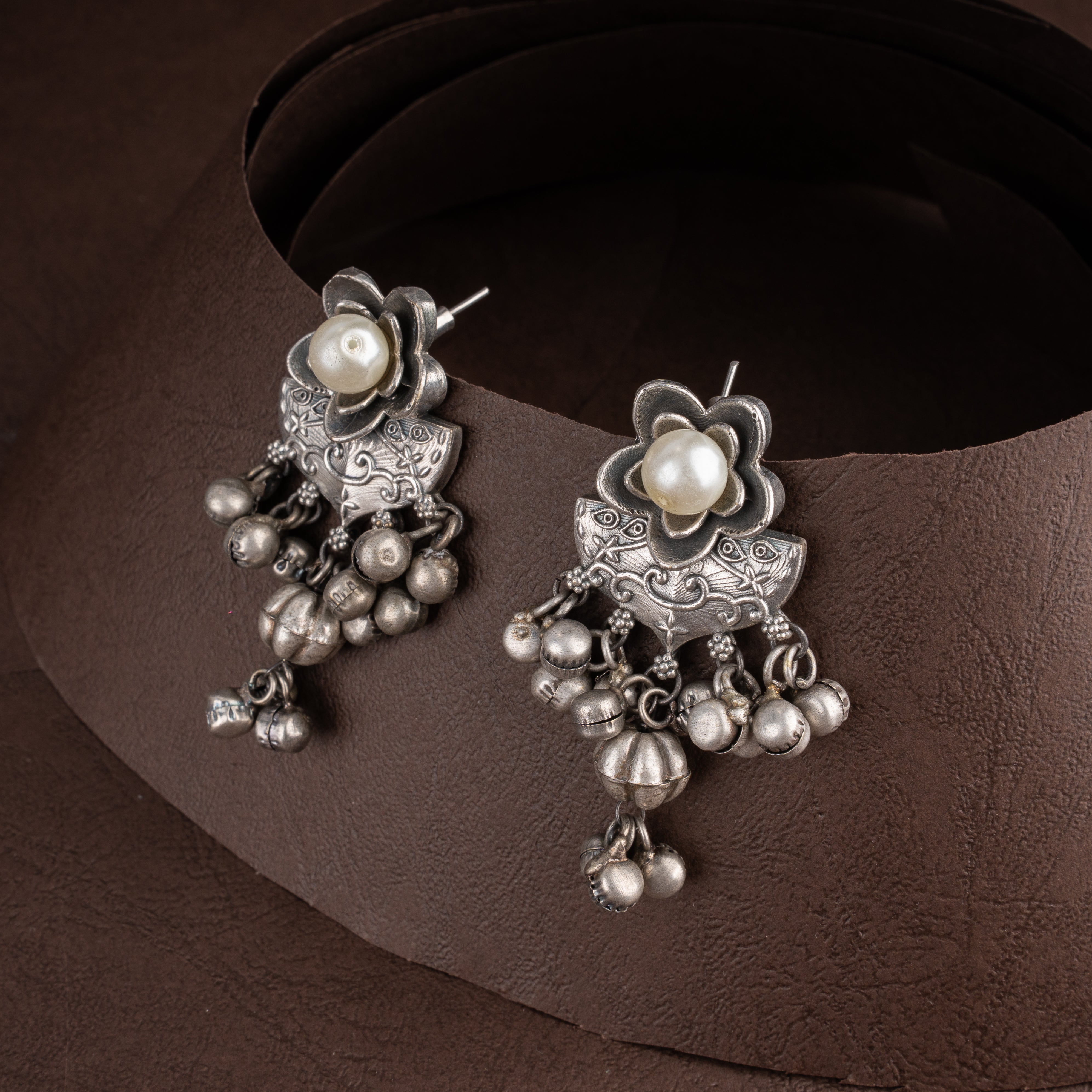 Oxidised Tribal Elephant Pendant Necklace Set with Pearl Accents and Ghungroos