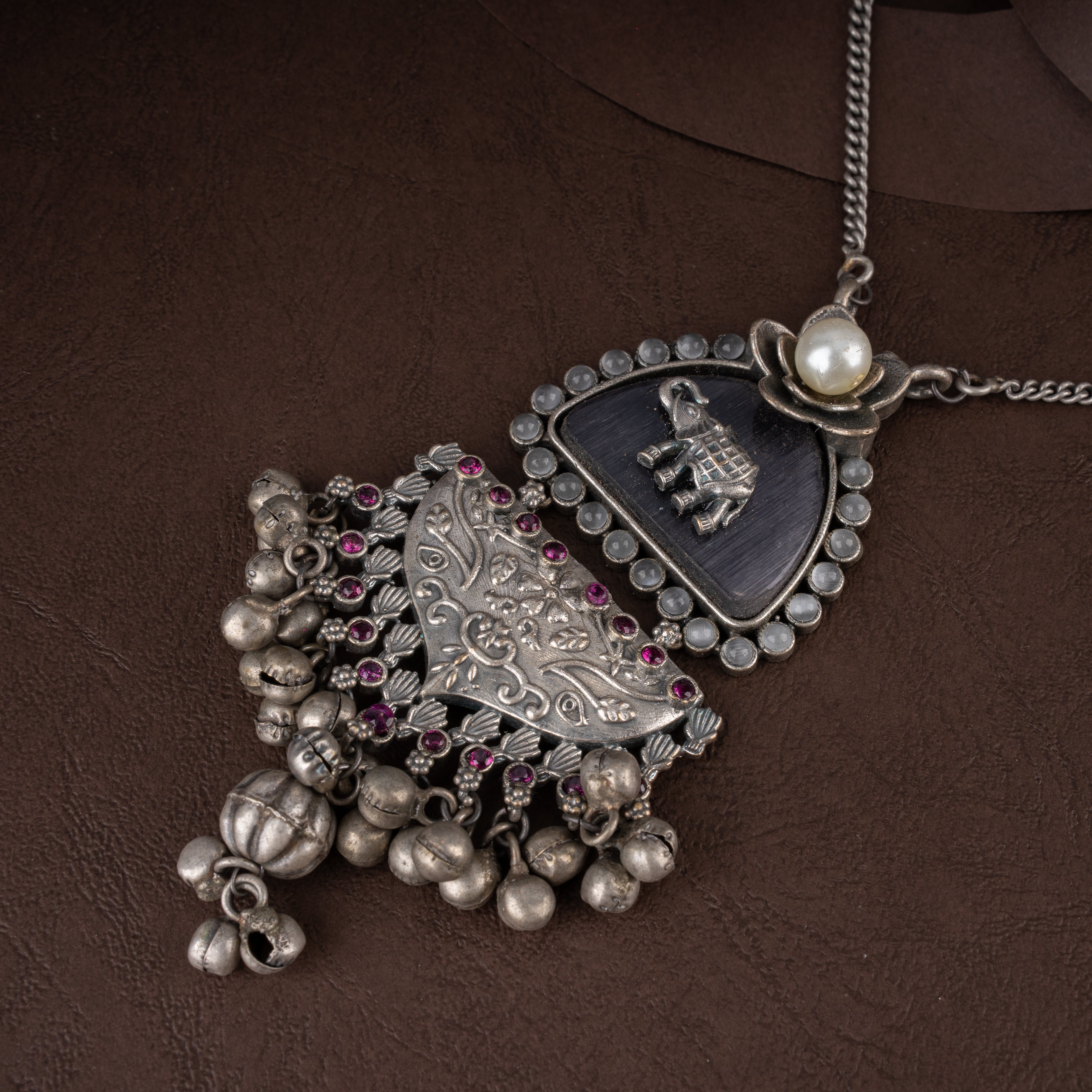 Oxidised Tribal Elephant Pendant Necklace Set with Pearl Accents and Ghungroos