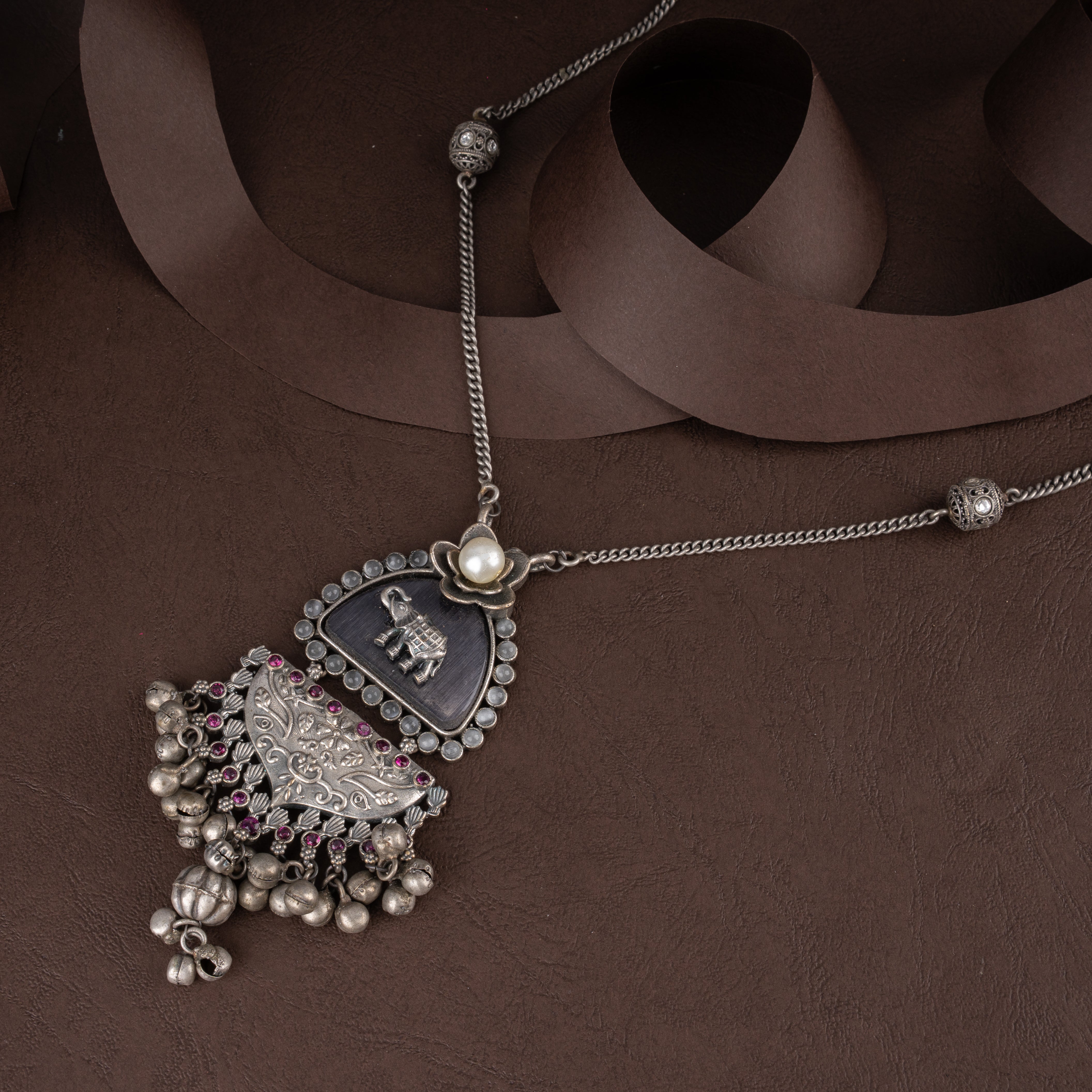 Oxidised Tribal Elephant Pendant Necklace Set with Pearl Accents and Ghungroos