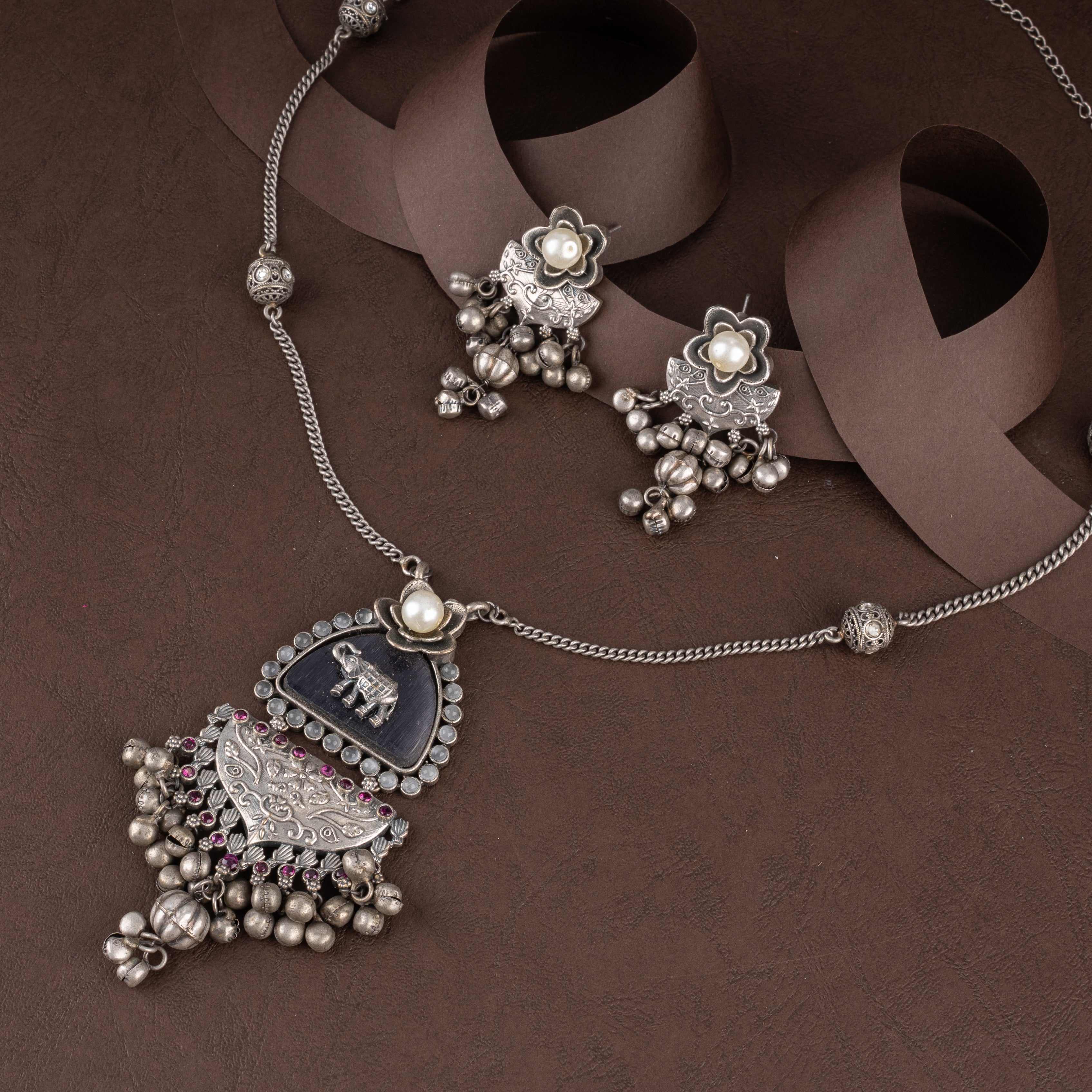Oxidised Tribal Elephant Pendant Necklace Set with Pearl Accents and Ghungroos