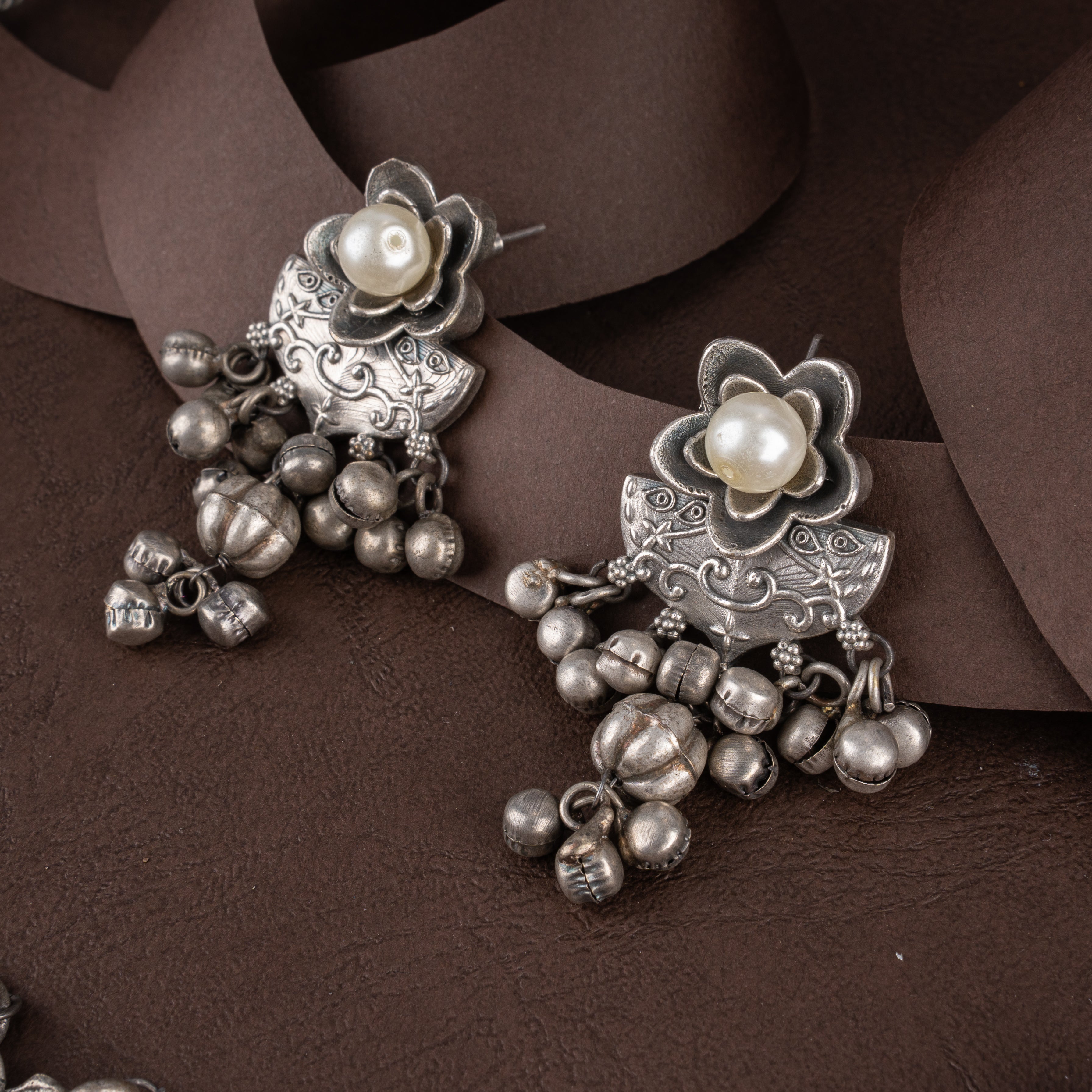 Oxidised Tribal Elephant Pendant Necklace Set with Pearl Accents and Ghungroos