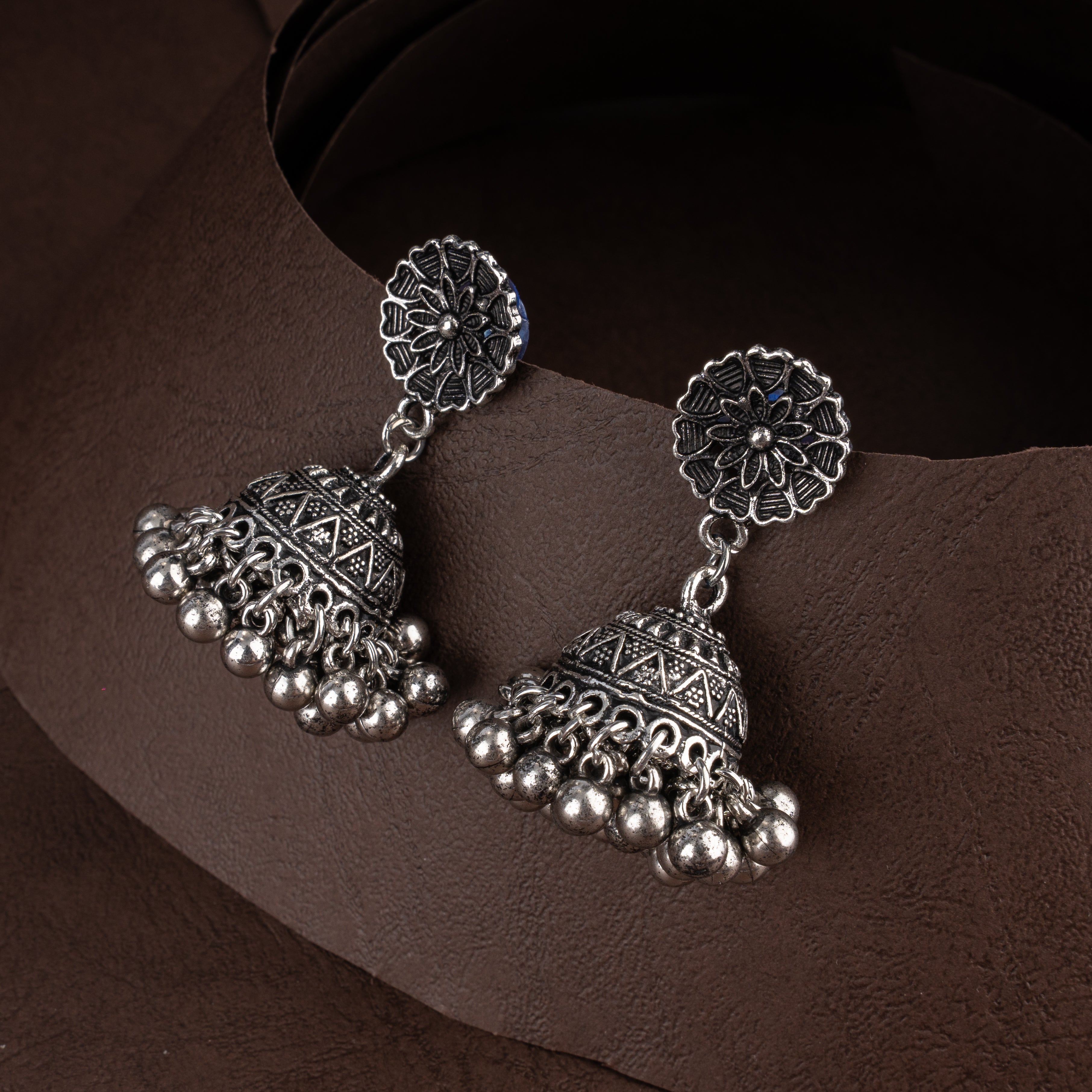 Oxidised Mandala Sunburst Medallion Necklace Set with Ghungroo Bells and Jhumki Earrings