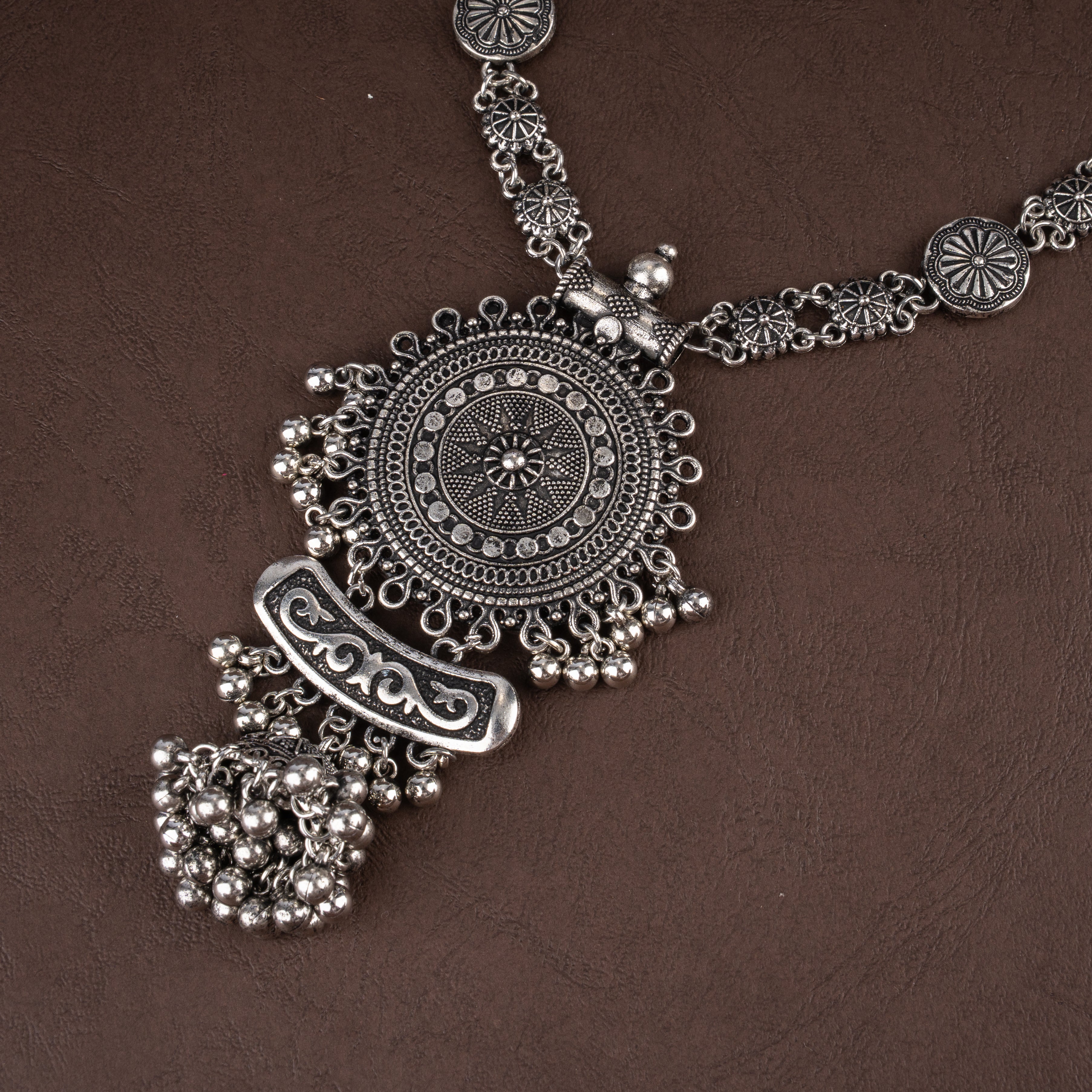 Oxidised Mandala Sunburst Medallion Necklace Set with Ghungroo Bells and Jhumki Earrings