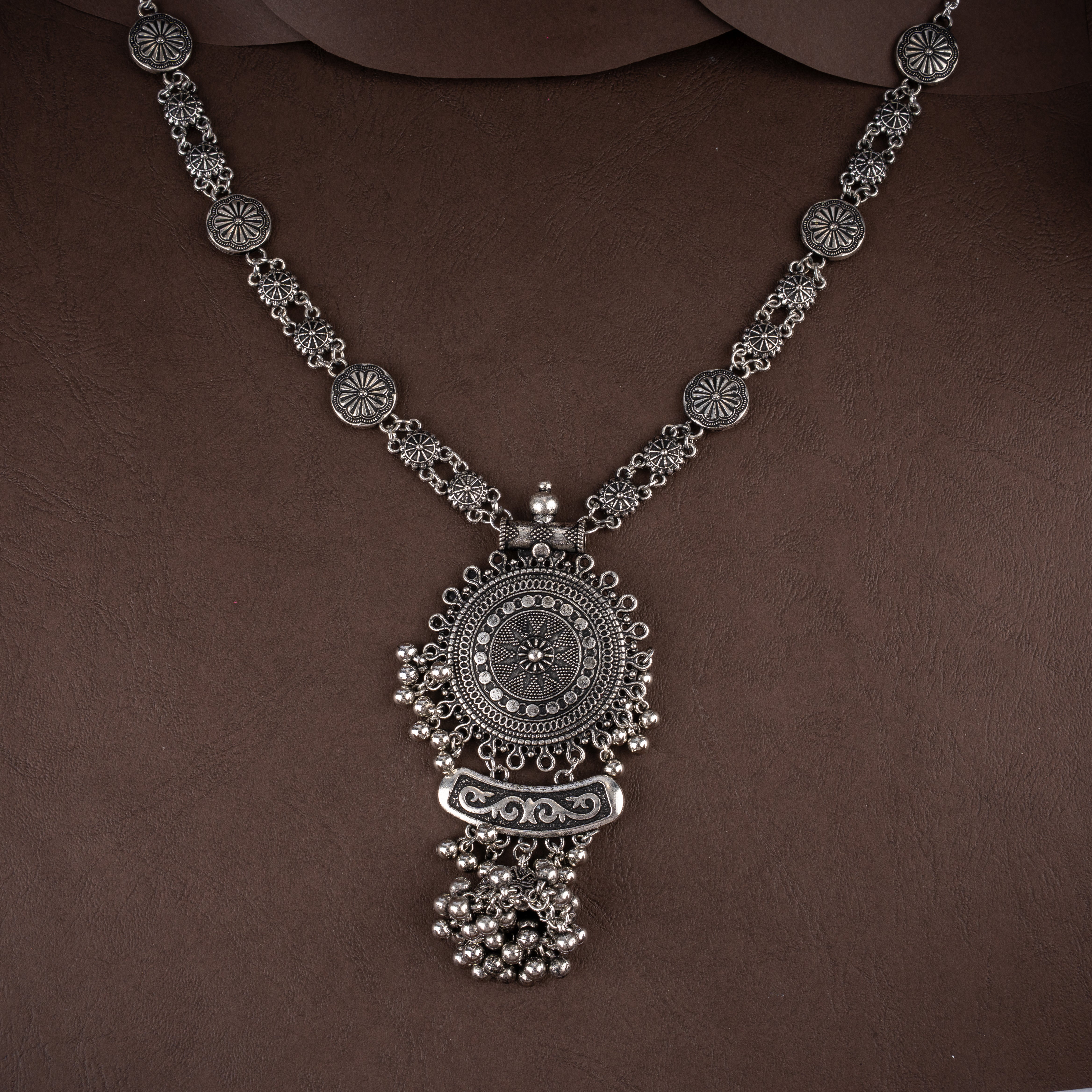 Oxidised Mandala Sunburst Medallion Necklace Set with Ghungroo Bells and Jhumki Earrings