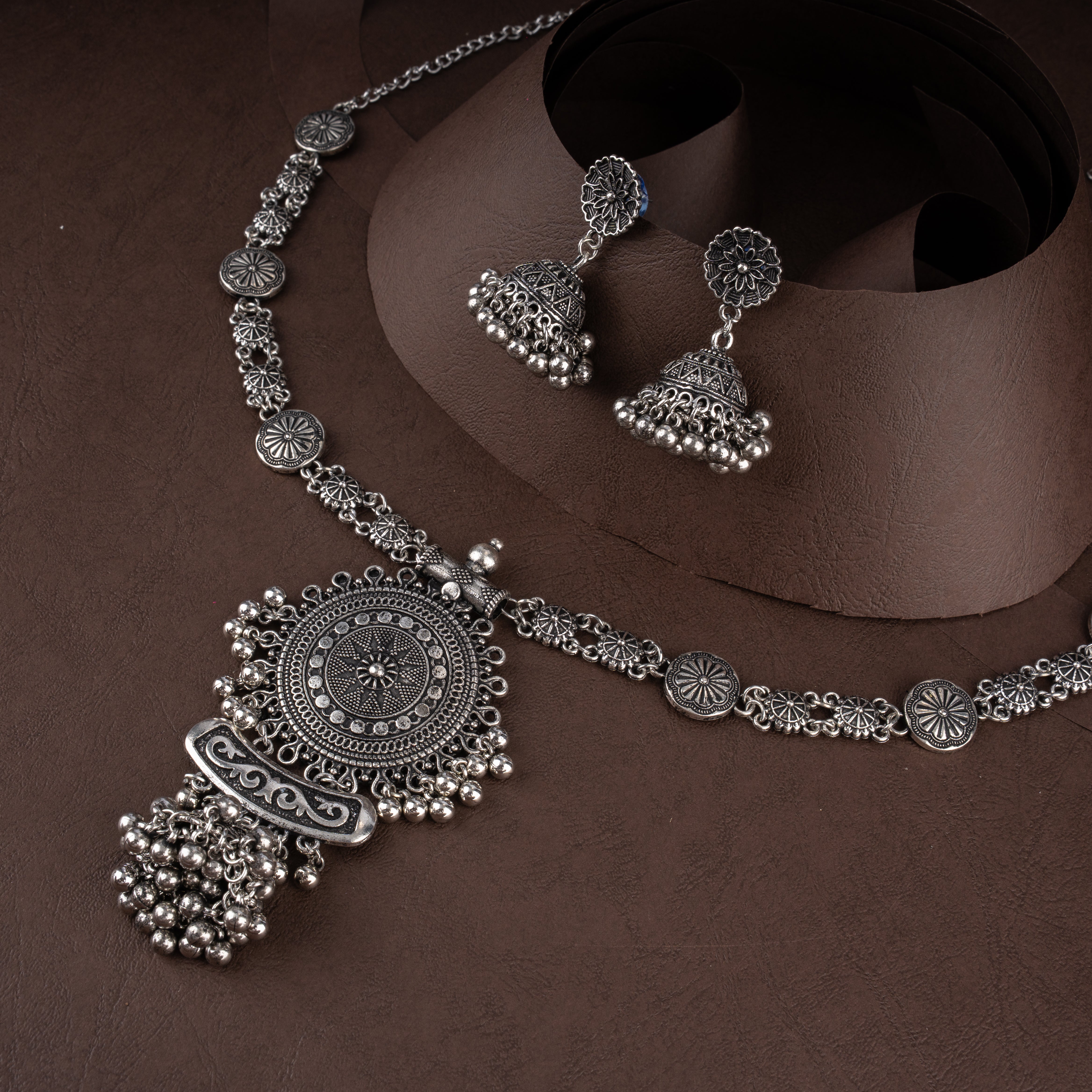 Oxidised Mandala Sunburst Medallion Necklace Set with Ghungroo Bells and Jhumki Earrings