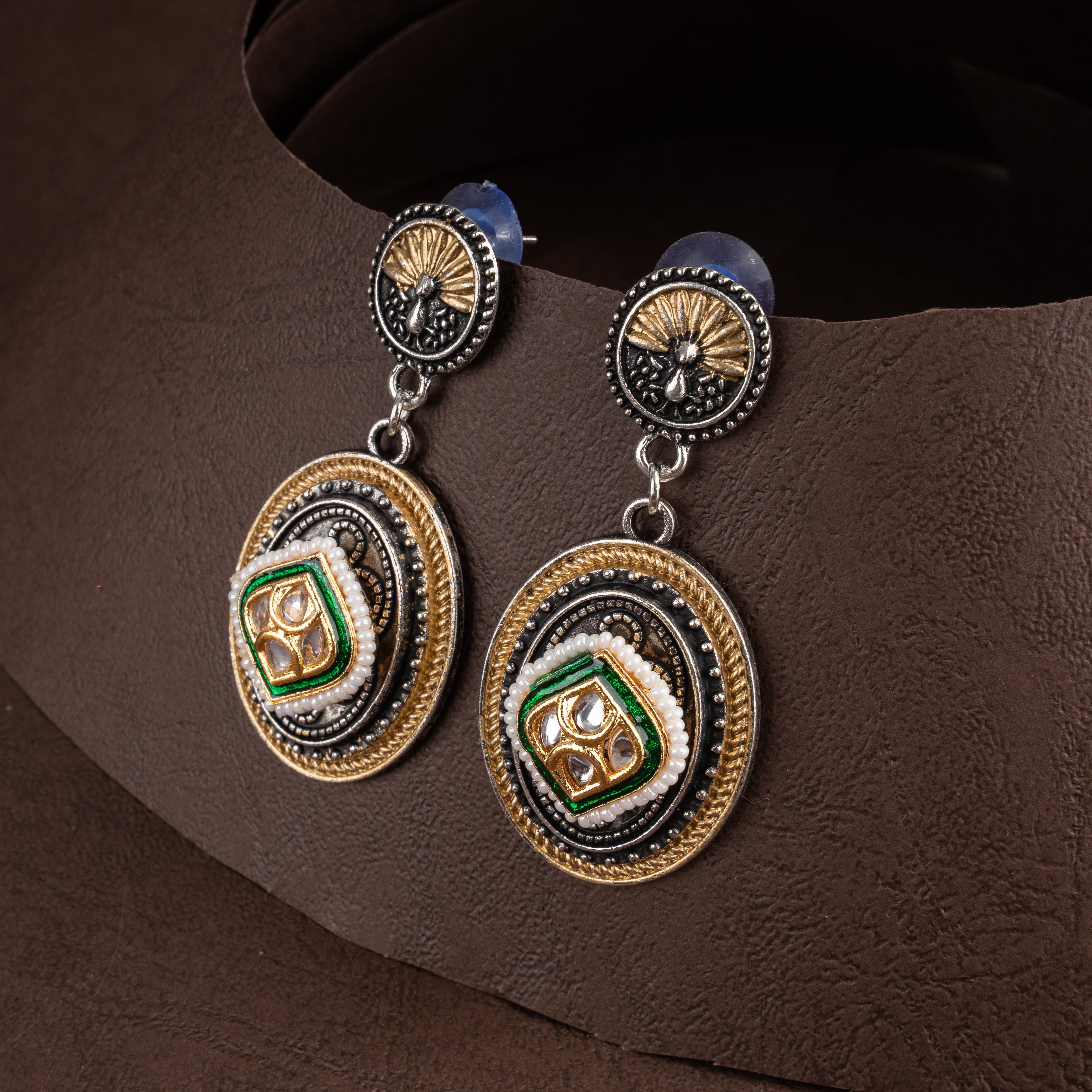 Dual-Tone Kundan Polki Medallion Bib Necklace Set with Oval Pendant Drops