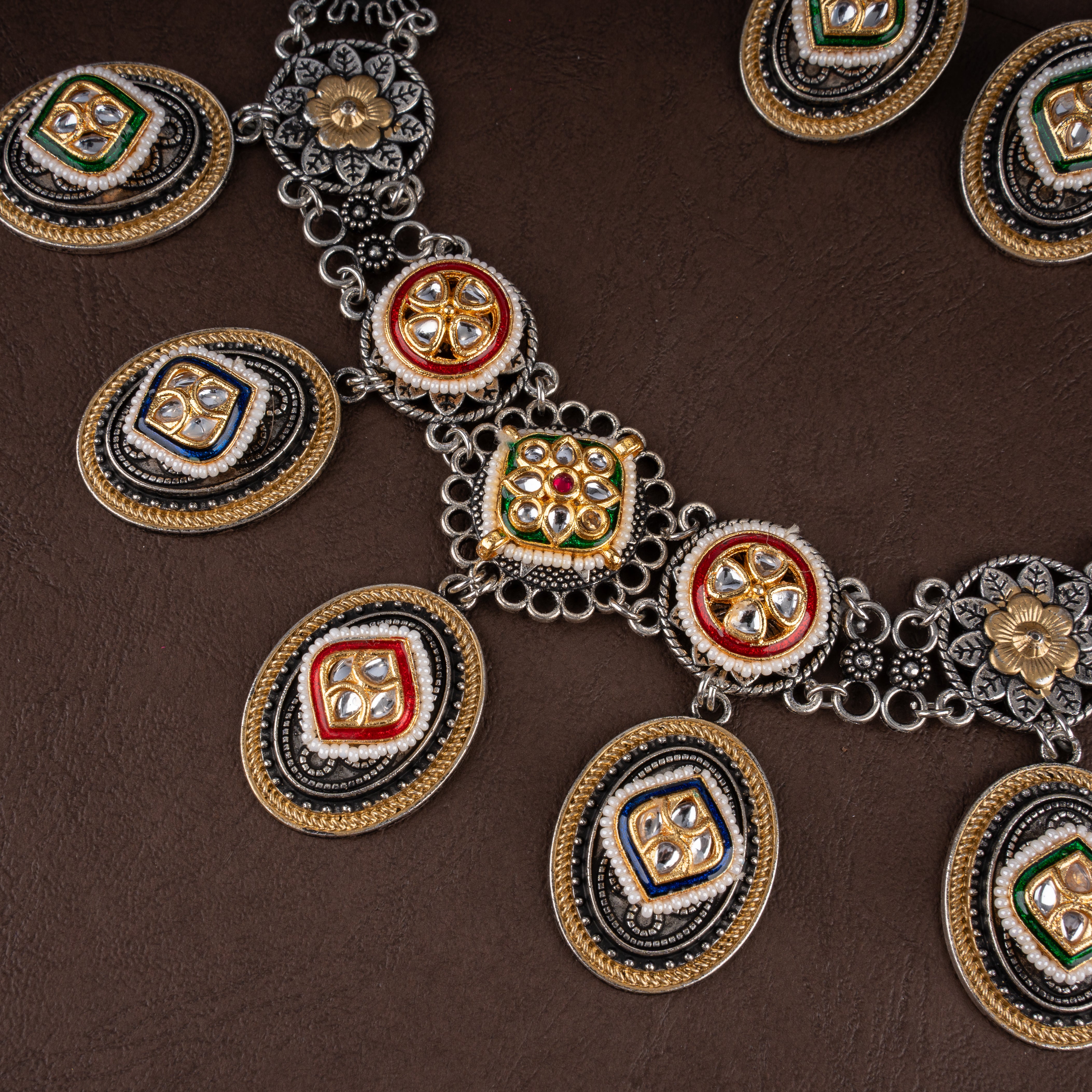 Dual-Tone Kundan Polki Medallion Bib Necklace Set with Oval Pendant Drops