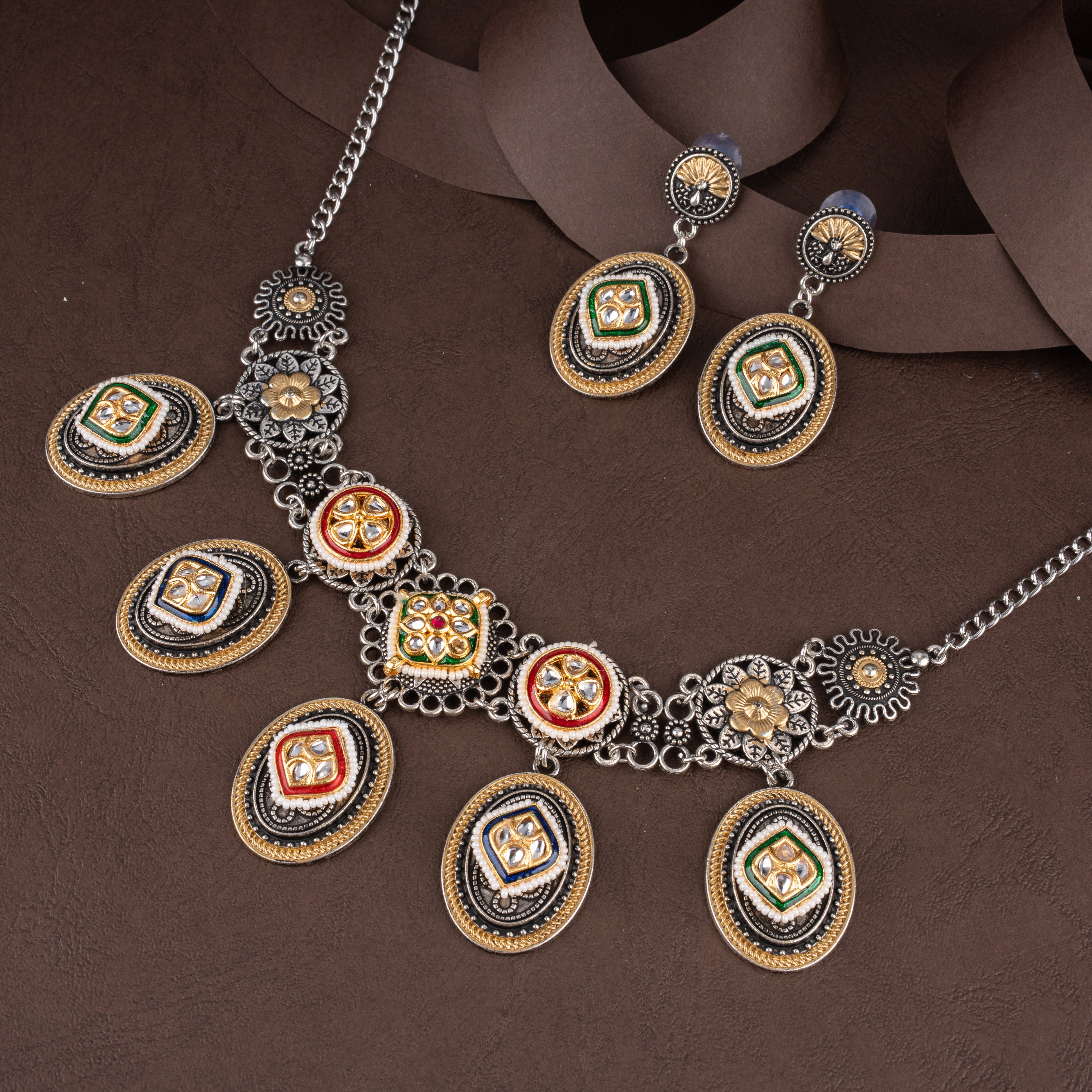 Dual-Tone Kundan Polki Medallion Bib Necklace Set with Oval Pendant Drops