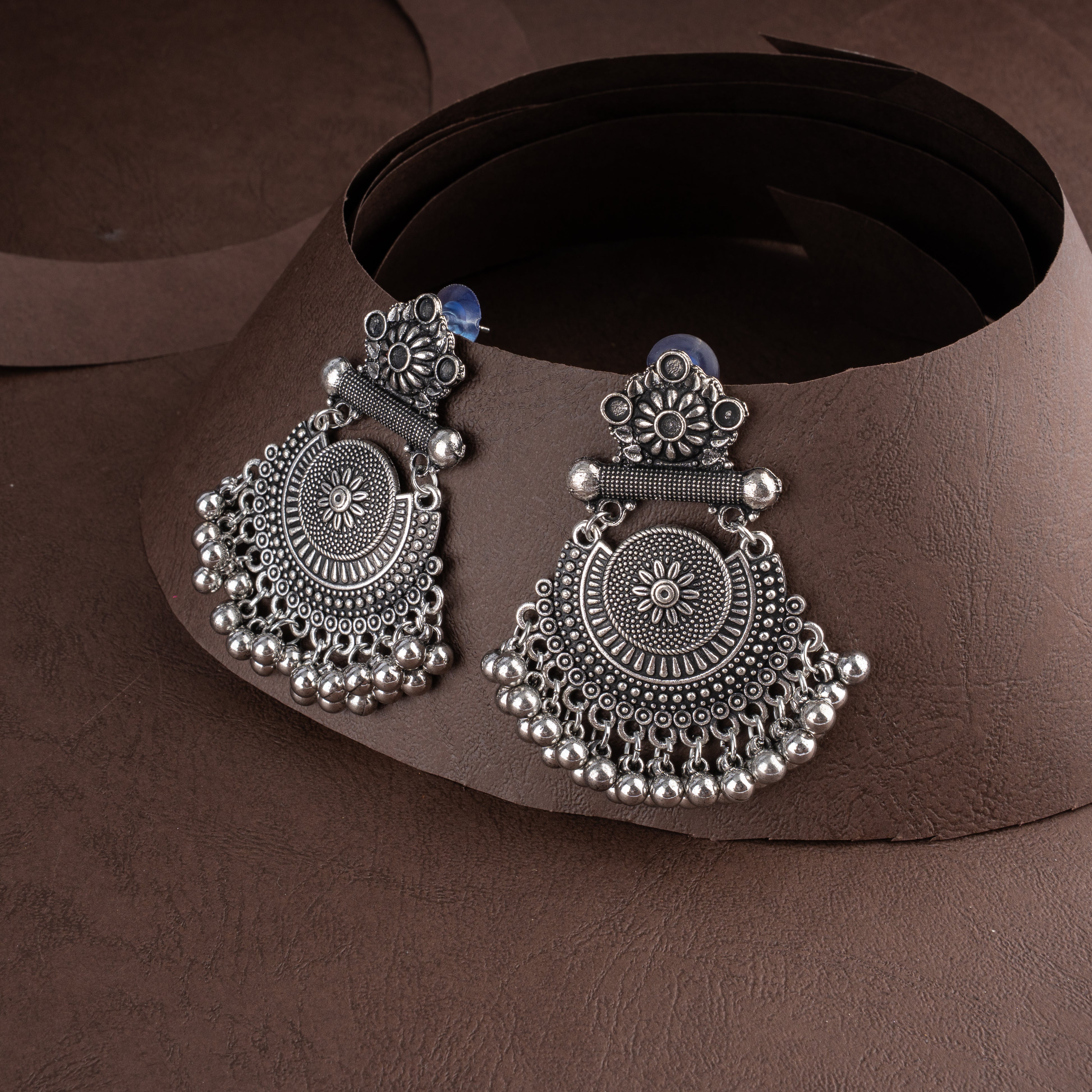 Oxidised Semicircular Sunburst Medallion Bib Necklace Set with Ghungroo Bell Fringe