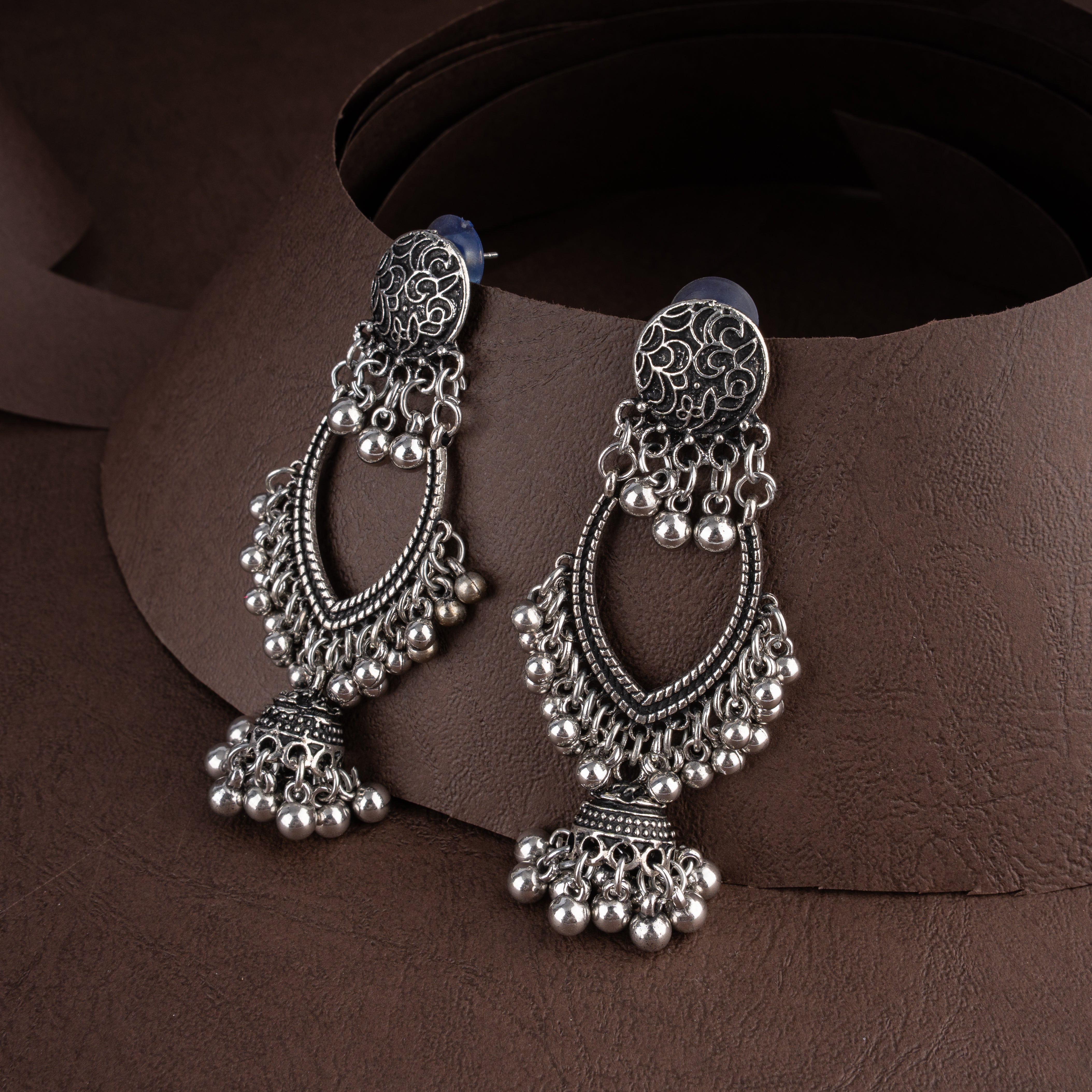 Oxidised Openwork Teardrop Scallop Bib Necklace Set with Dome Jhumkis and Ghungroo Fringe