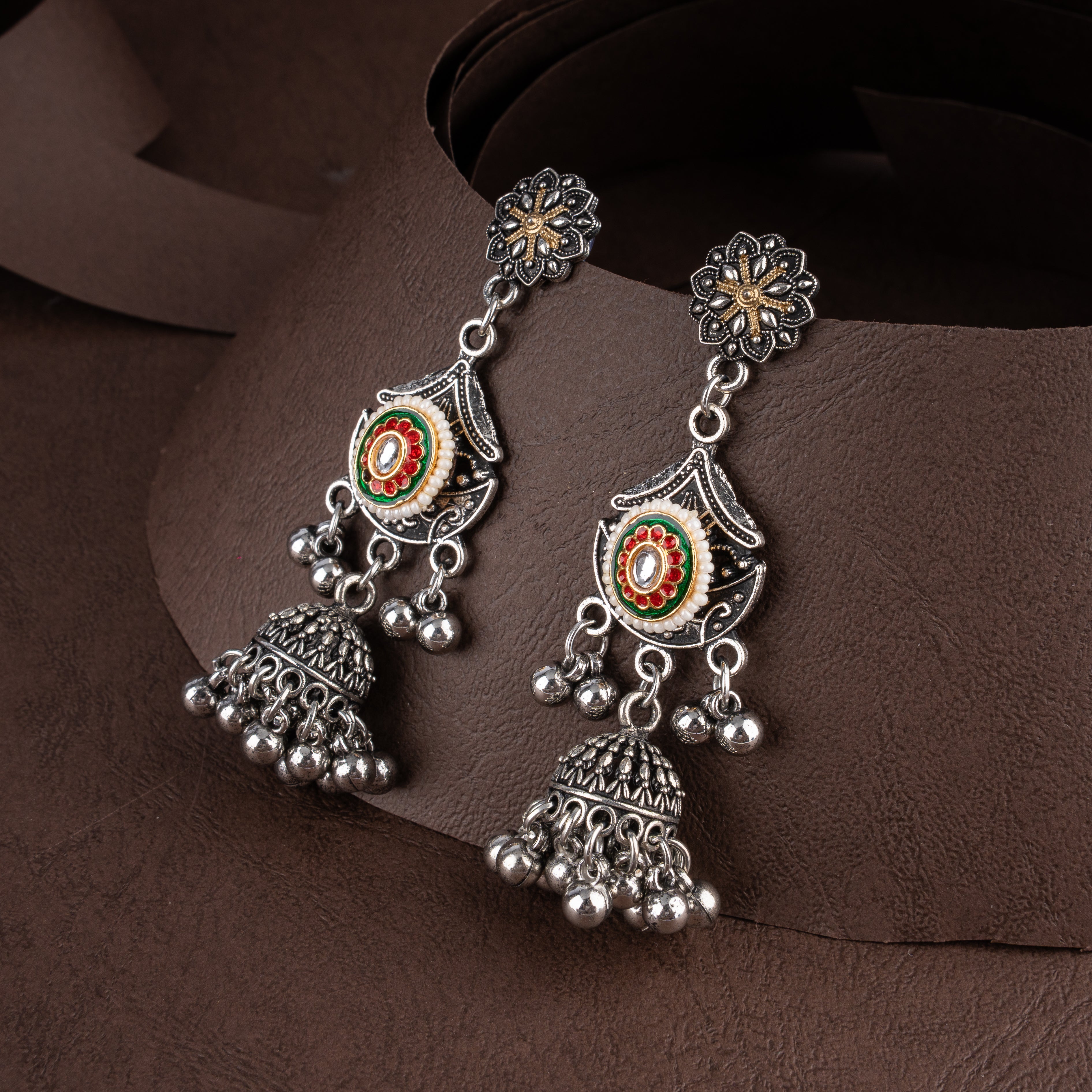 Dual-Tone Kundan Medallion Crescent Bib Choker Necklace Set with Bell Jhumkis