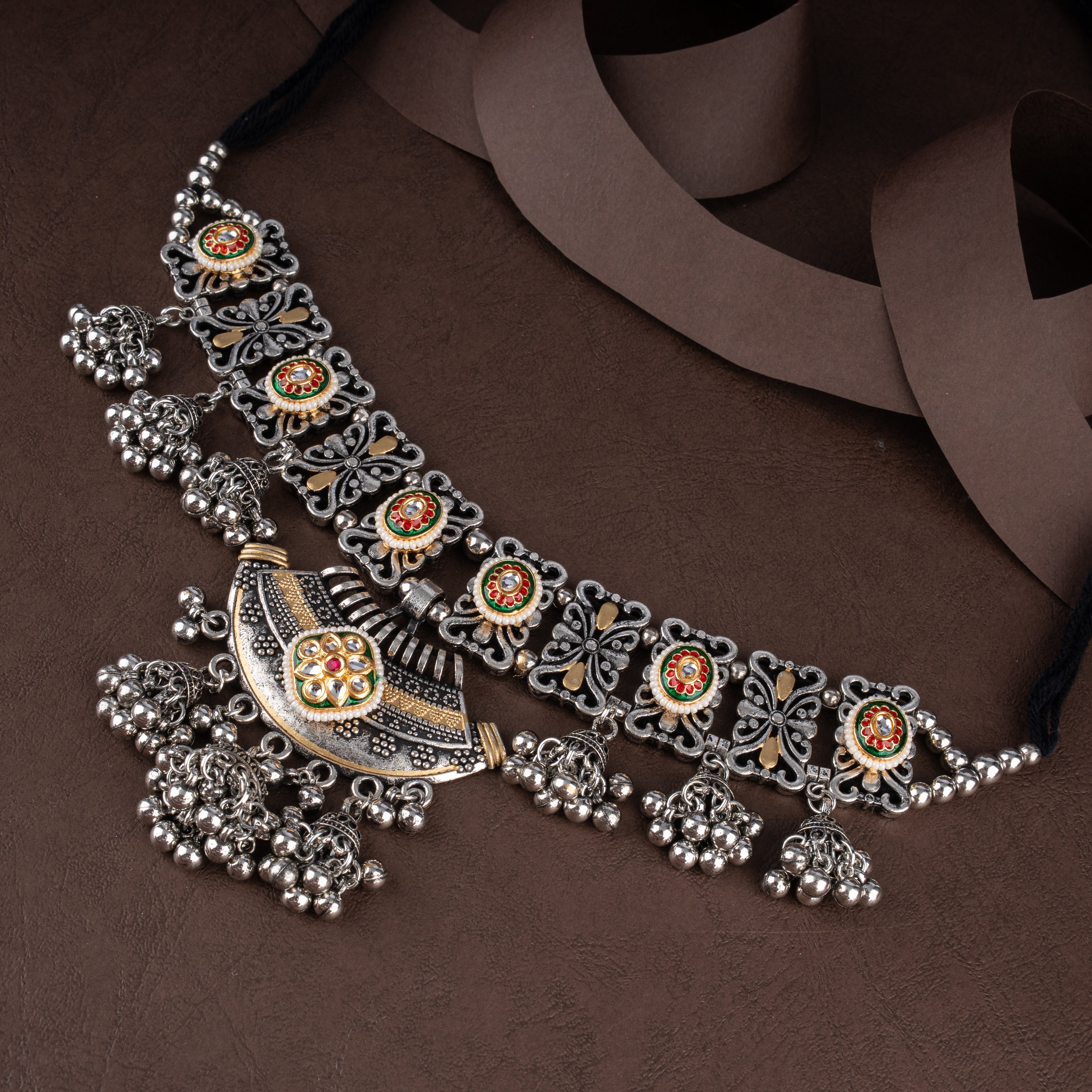 Dual-Tone Kundan Medallion Crescent Bib Choker Necklace Set with Bell Jhumkis