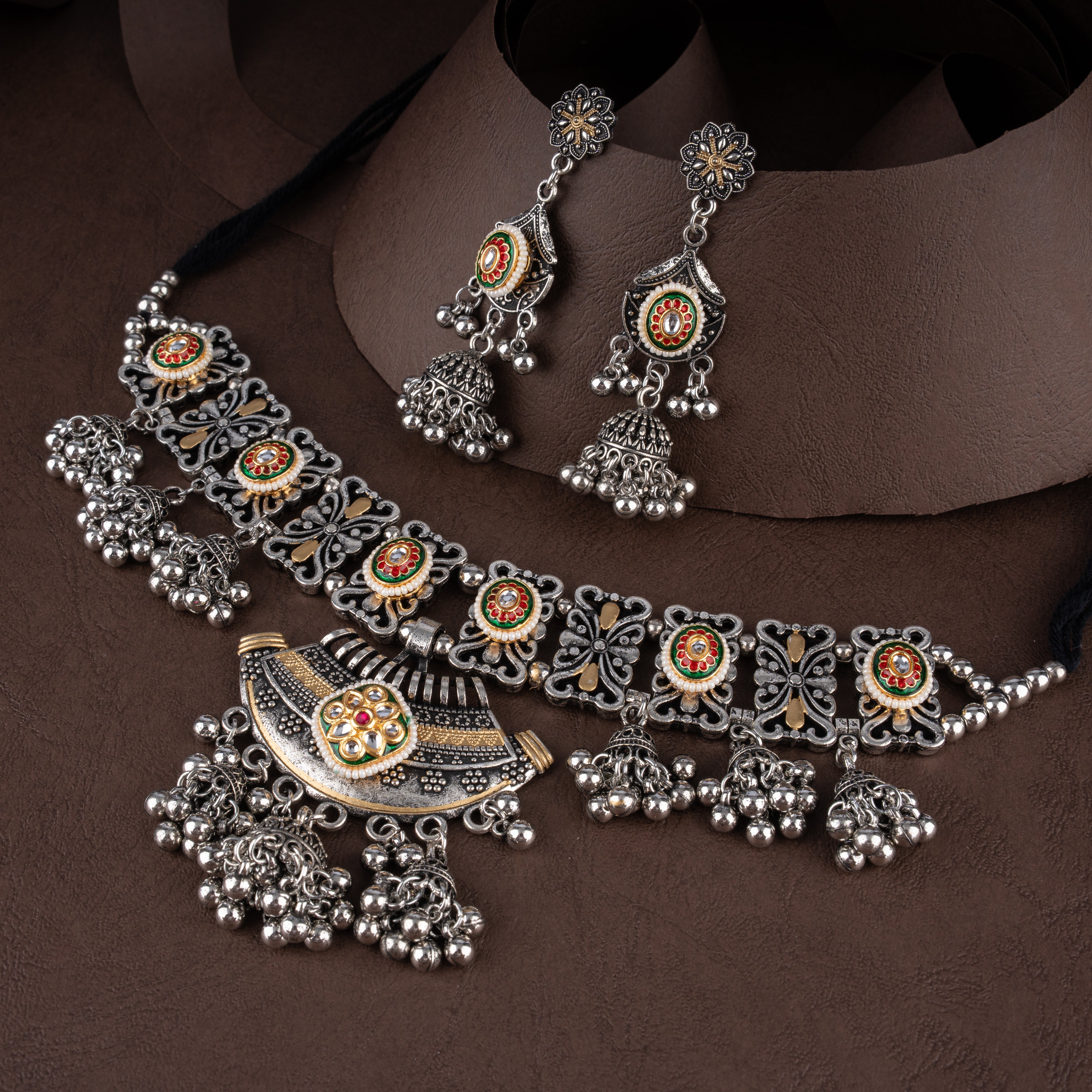 Dual-Tone Kundan Medallion Crescent Bib Choker Necklace Set with Bell Jhumkis