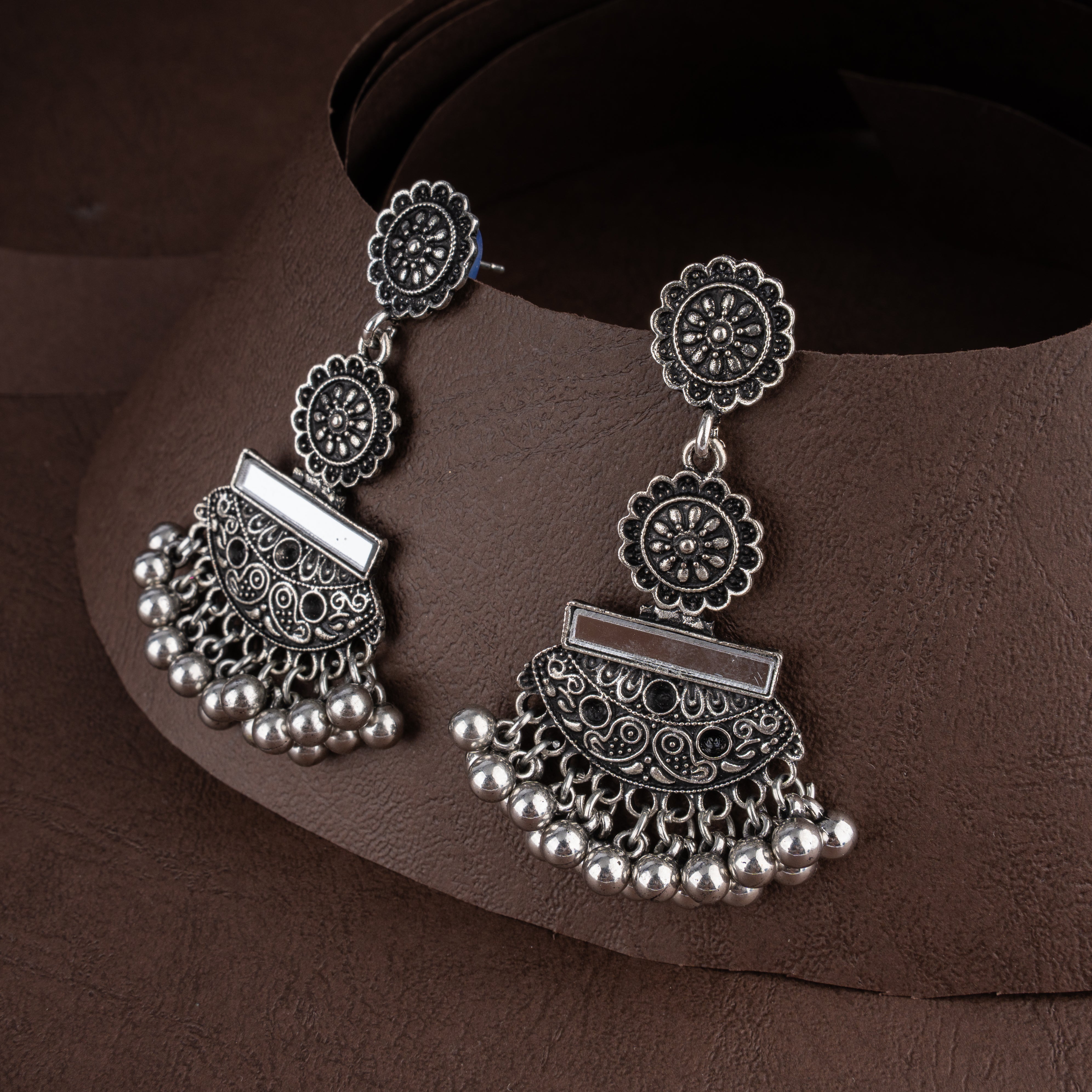 Oxidised Tribal Mirror Plaque Choker Necklace Set with Ghungroo Bell Clusters