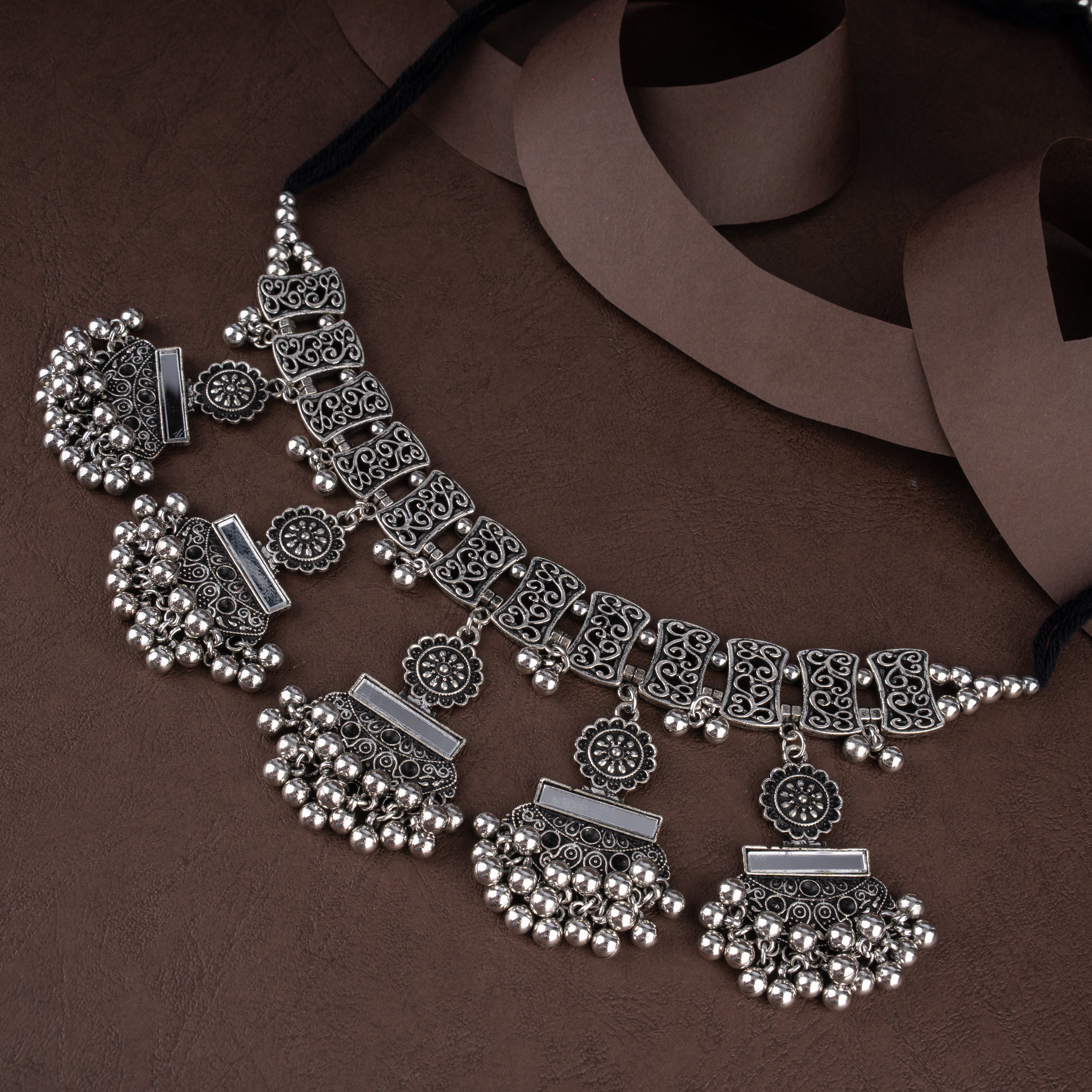 Oxidised Tribal Mirror Plaque Choker Necklace Set with Ghungroo Bell Clusters