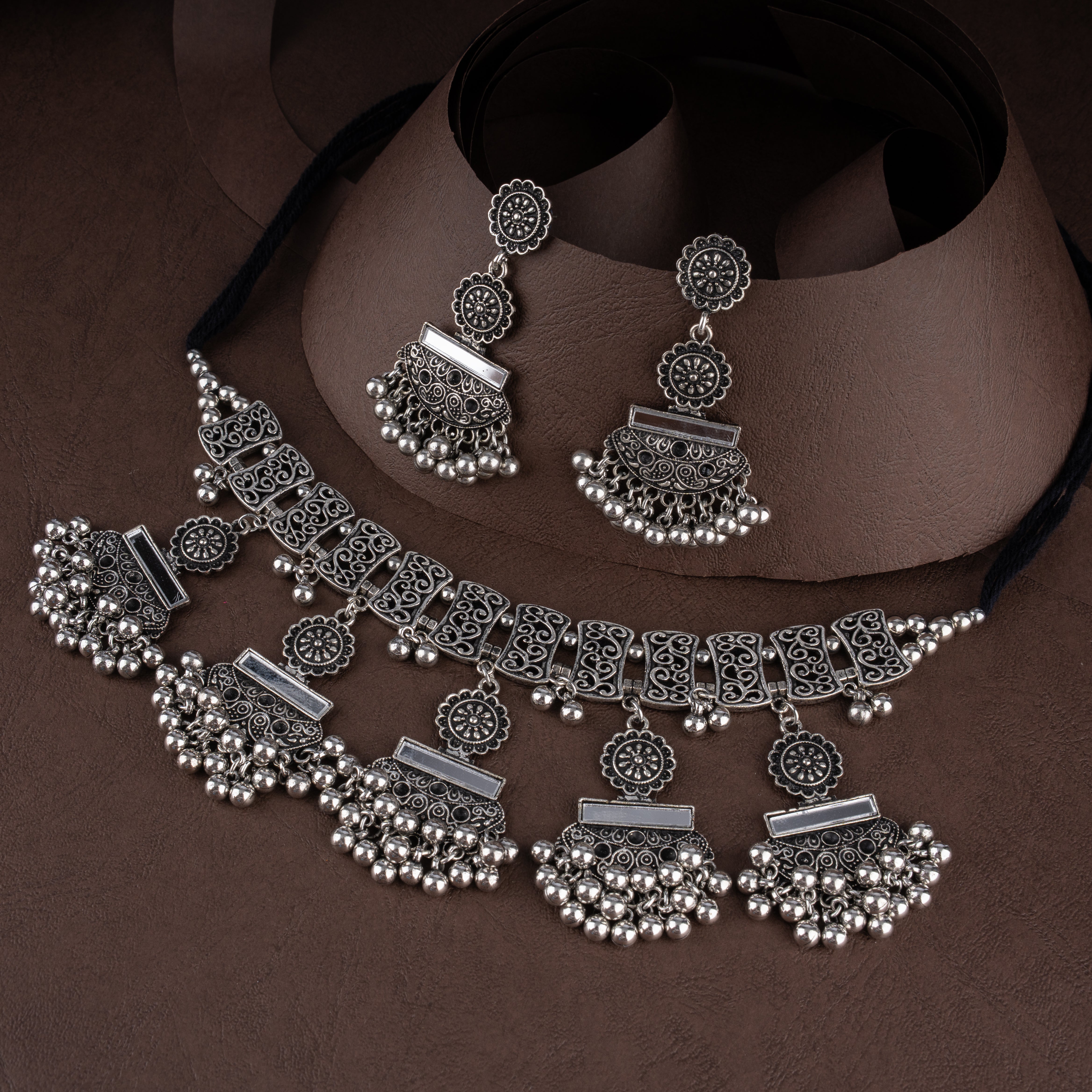 Oxidised Tribal Mirror Plaque Choker Necklace Set with Ghungroo Bell Clusters
