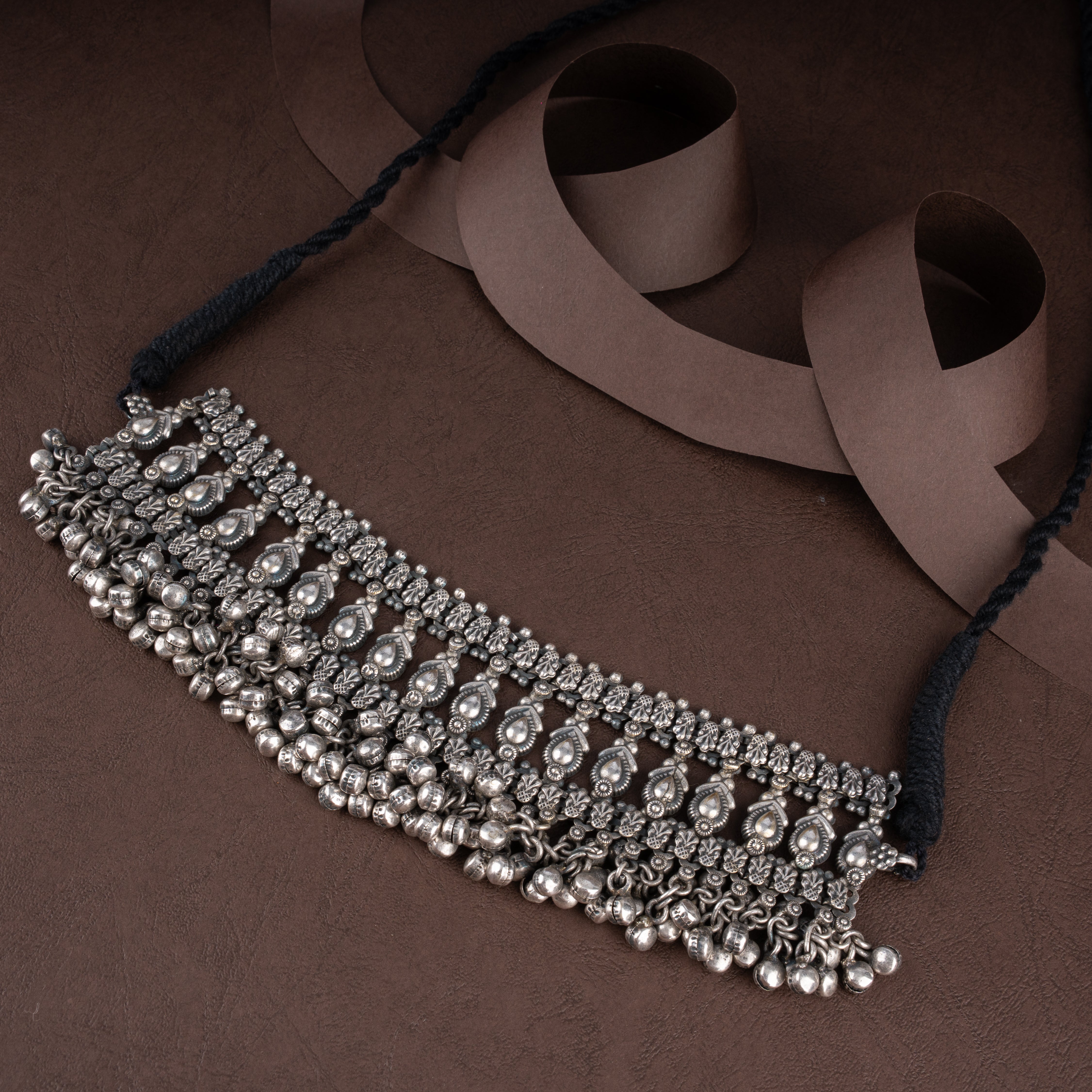 Oxidised Tribal Filigree Choker Necklace Set with Ghungroo Bells and Drop Earrings