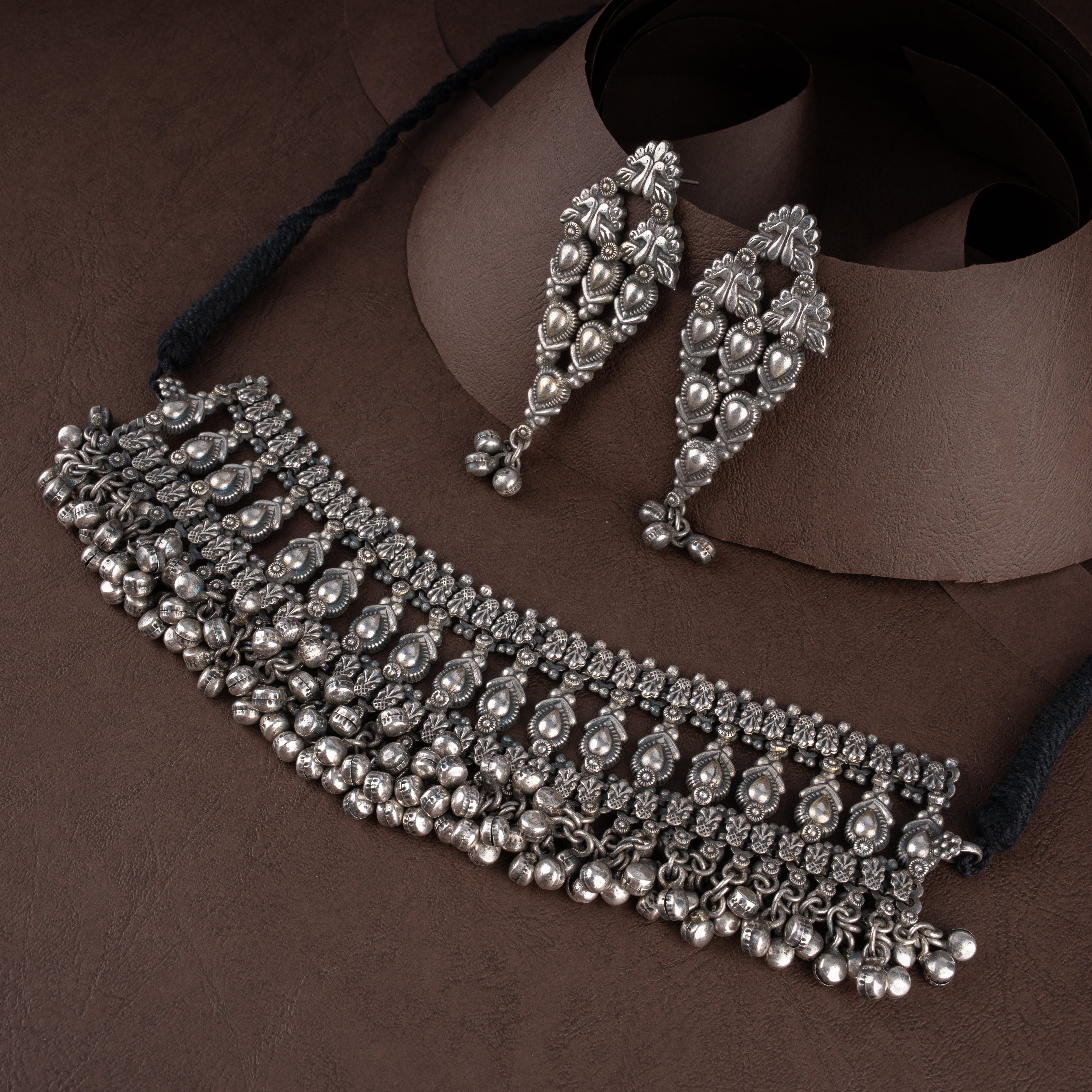 Oxidised Tribal Filigree Choker Necklace Set with Ghungroo Bells and Drop Earrings