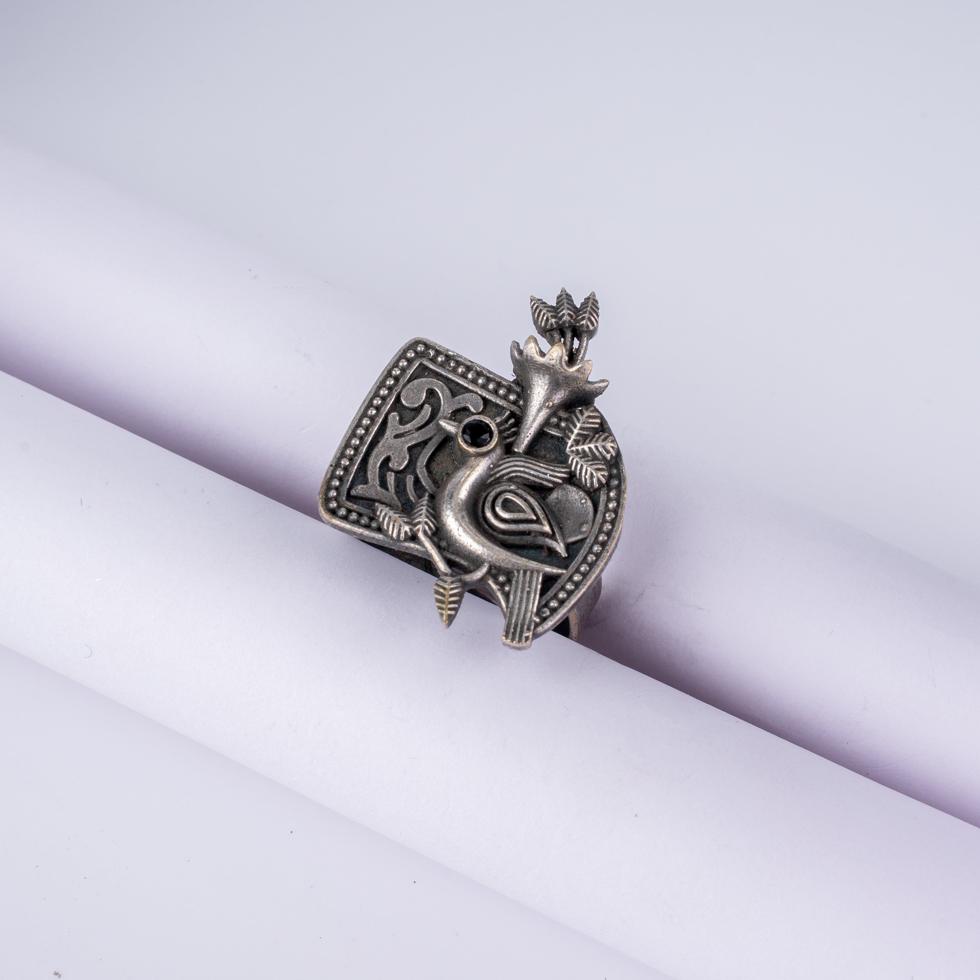Oxidised Silver Perched Bird on Branch Statement Ring