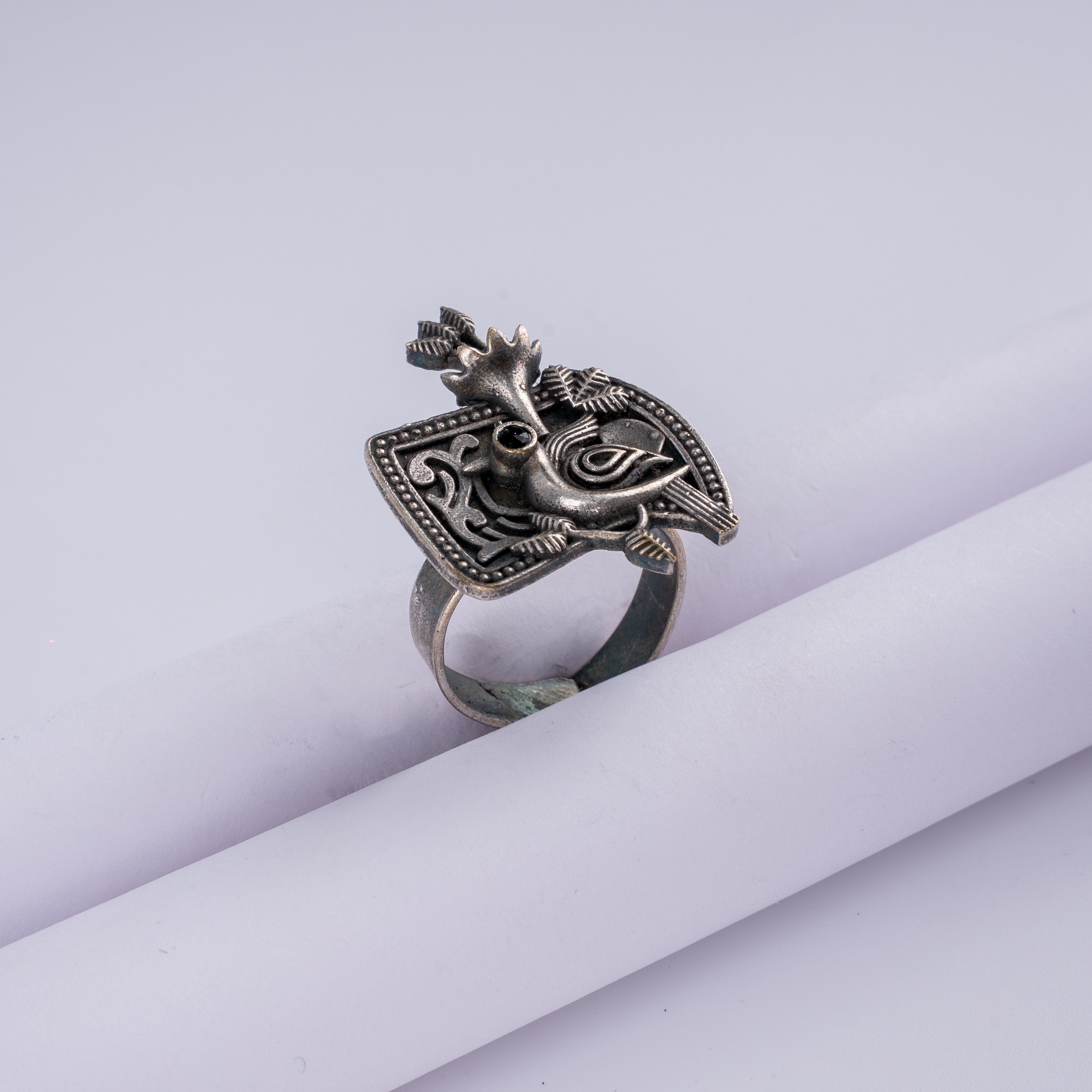 Oxidised Silver Perched Bird on Branch Statement Ring