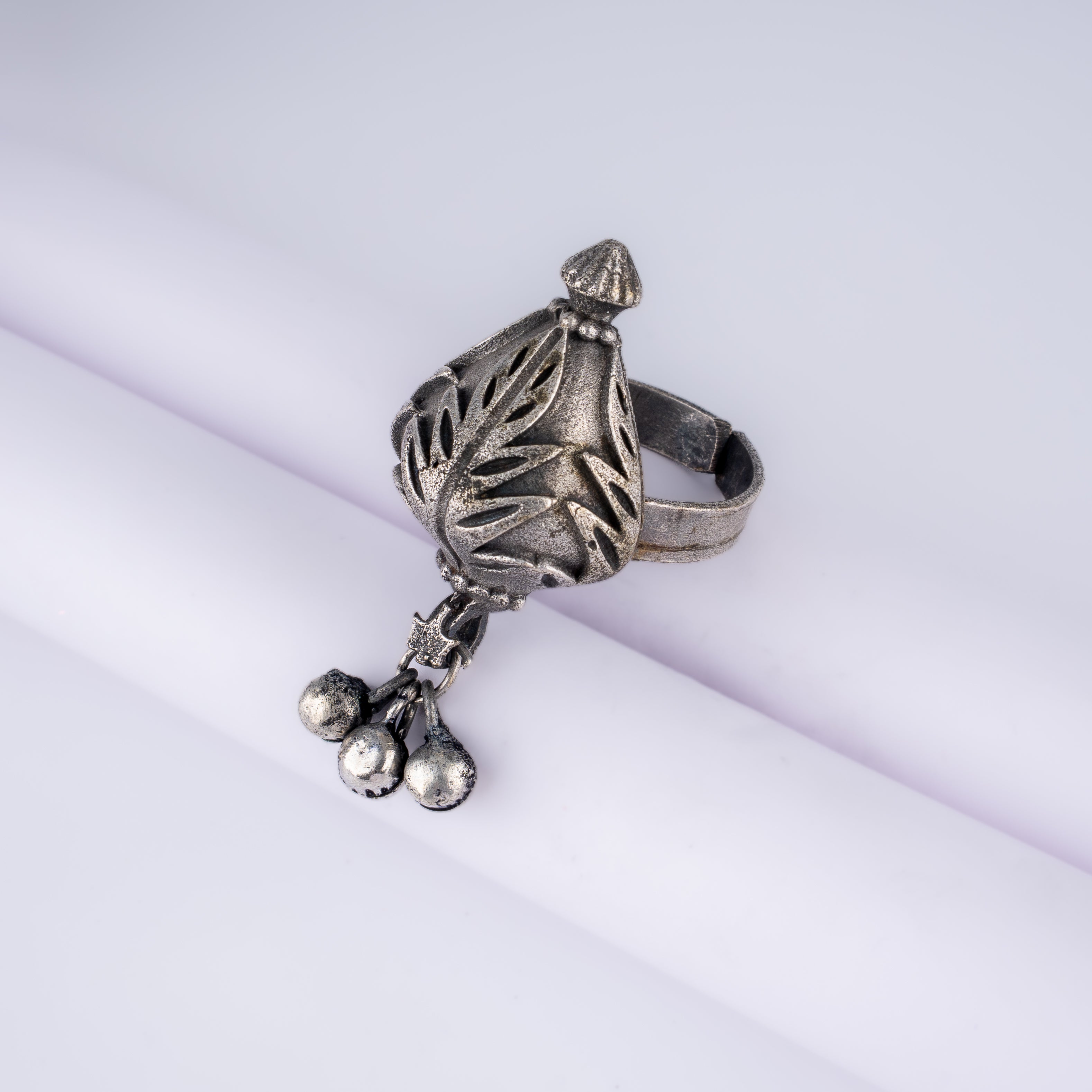 Oxidised Silver Kalash Leaf Ghungroo Statement Ring