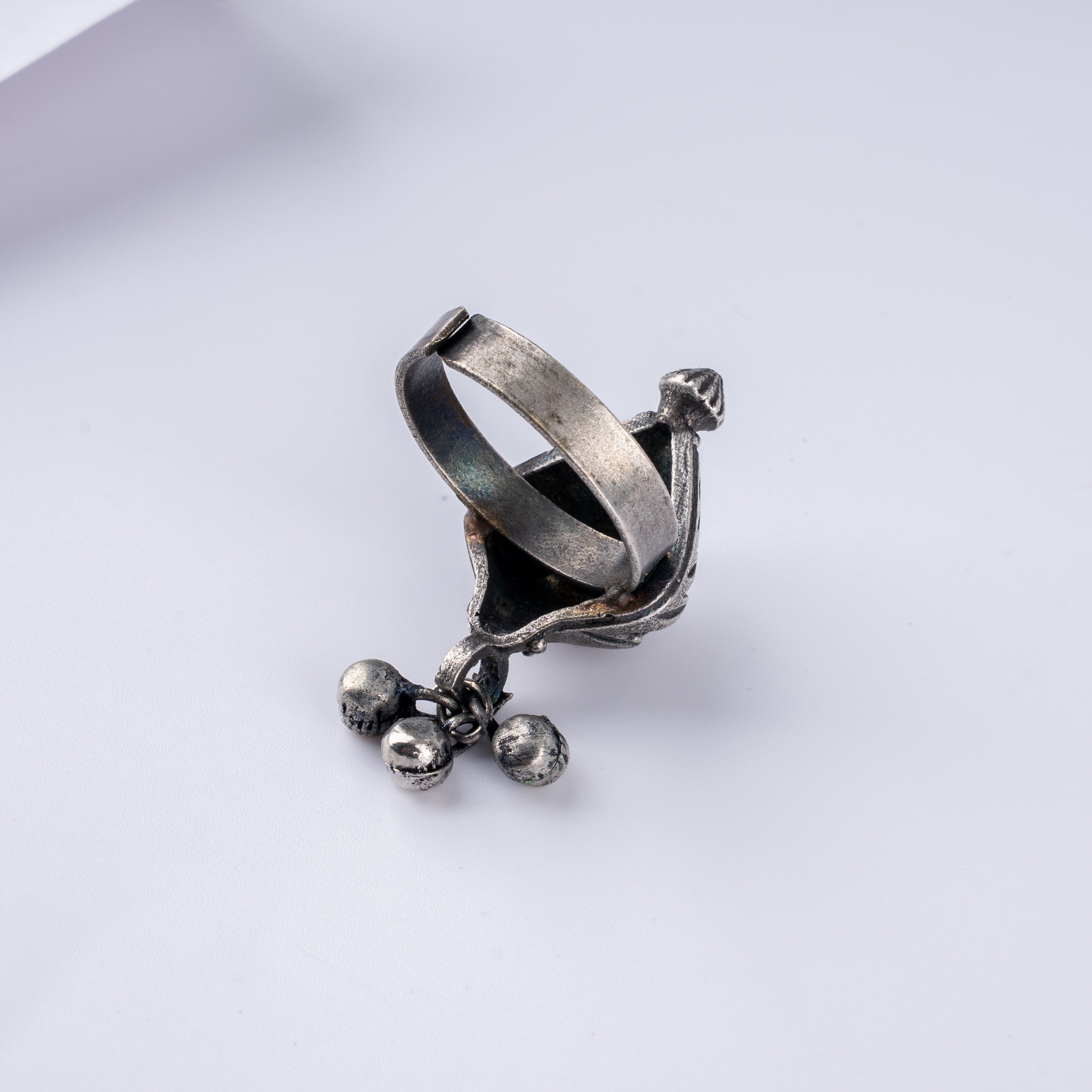 Oxidised Silver Kalash Leaf Ghungroo Statement Ring