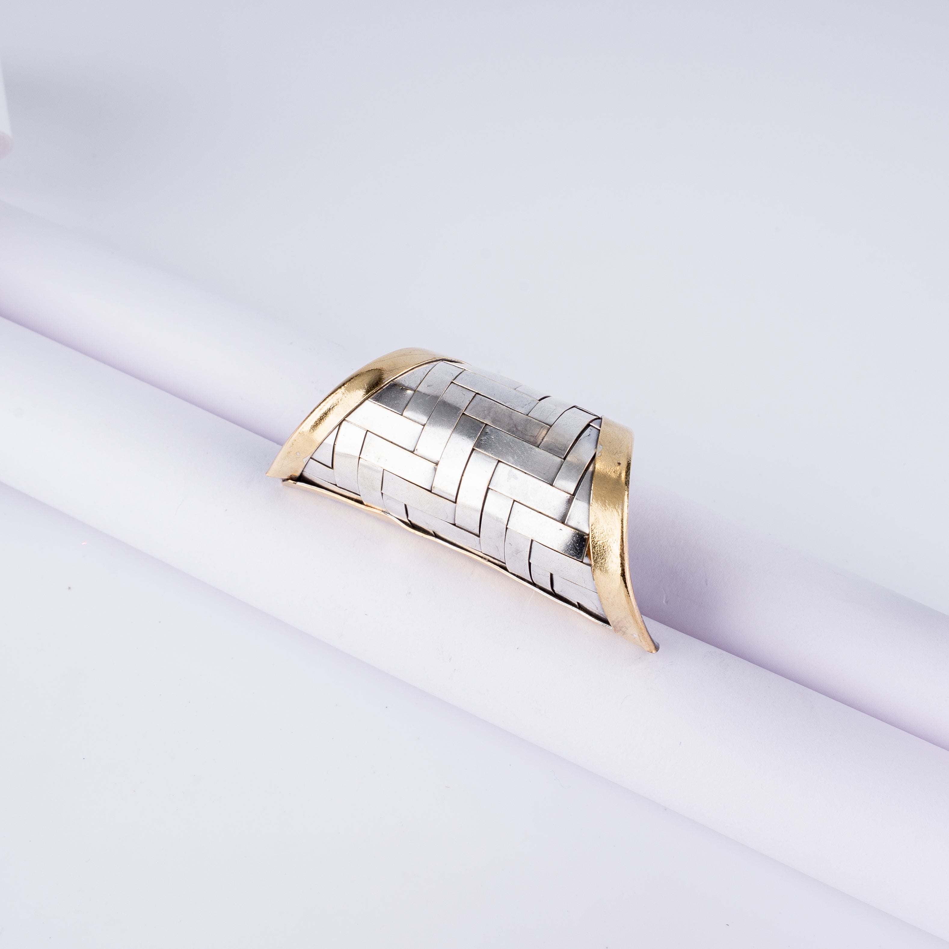Dual Tone Basket Weave Long Armor Cuff Statement Ring