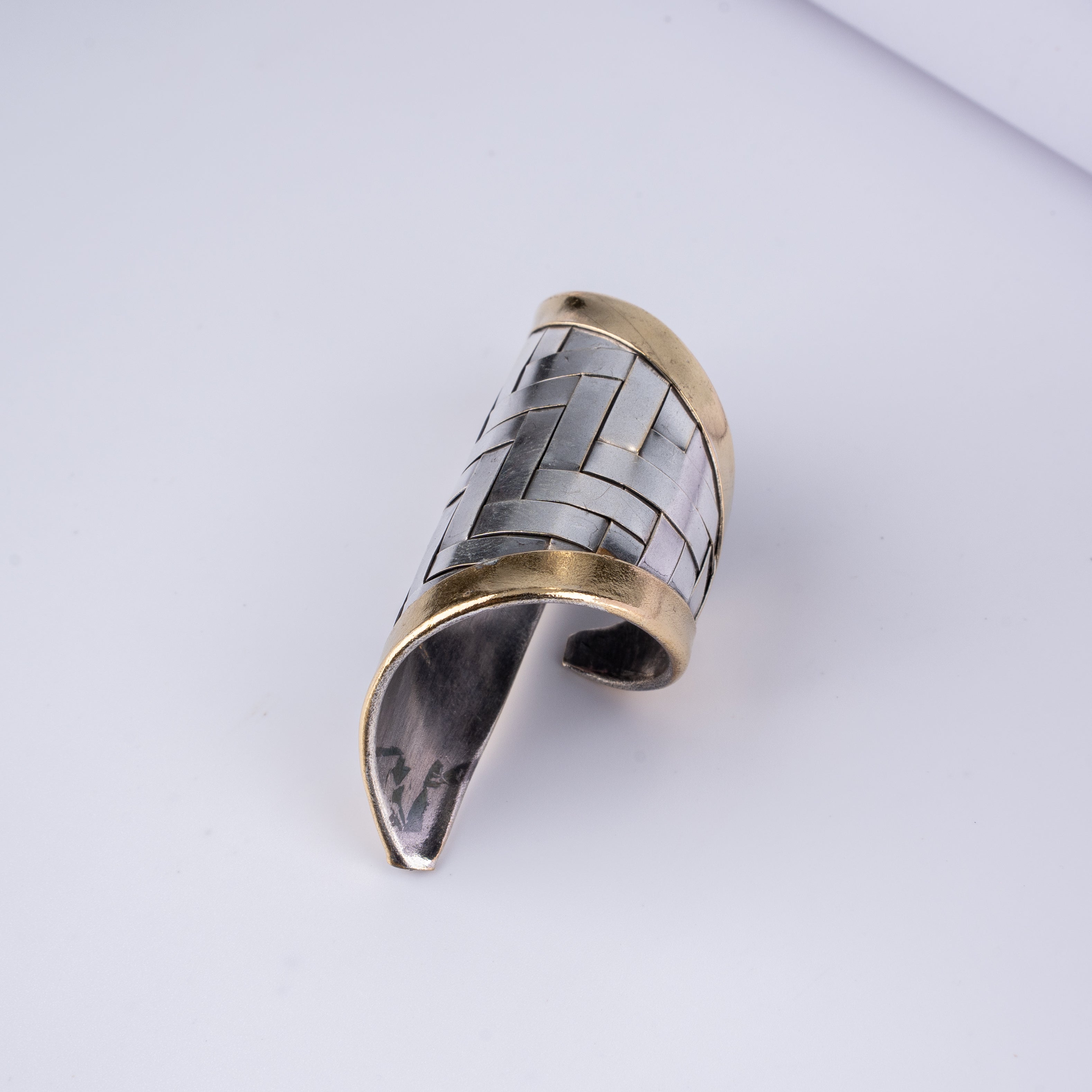 Dual Tone Basket Weave Long Armor Cuff Statement Ring