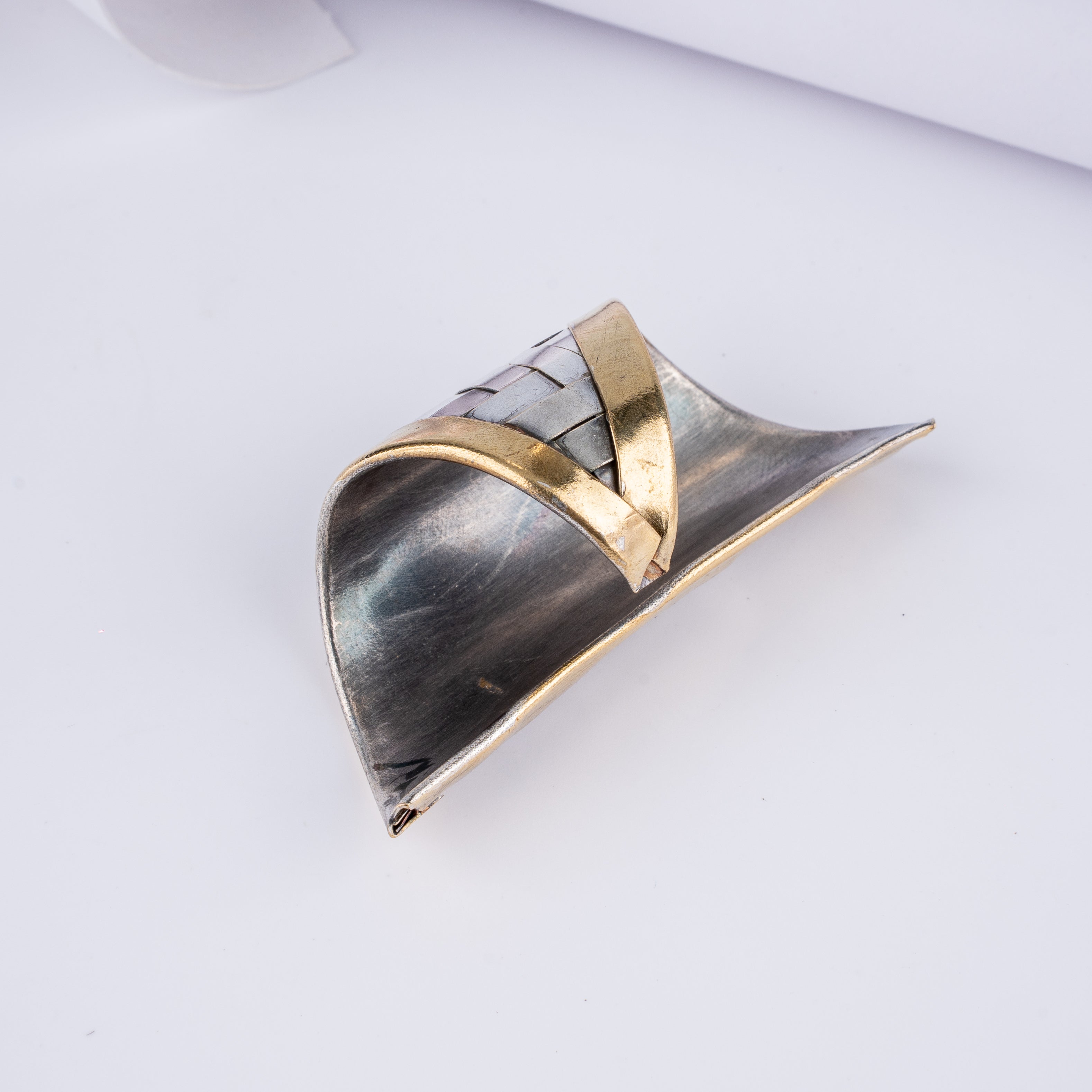 Dual Tone Basket Weave Long Armor Cuff Statement Ring