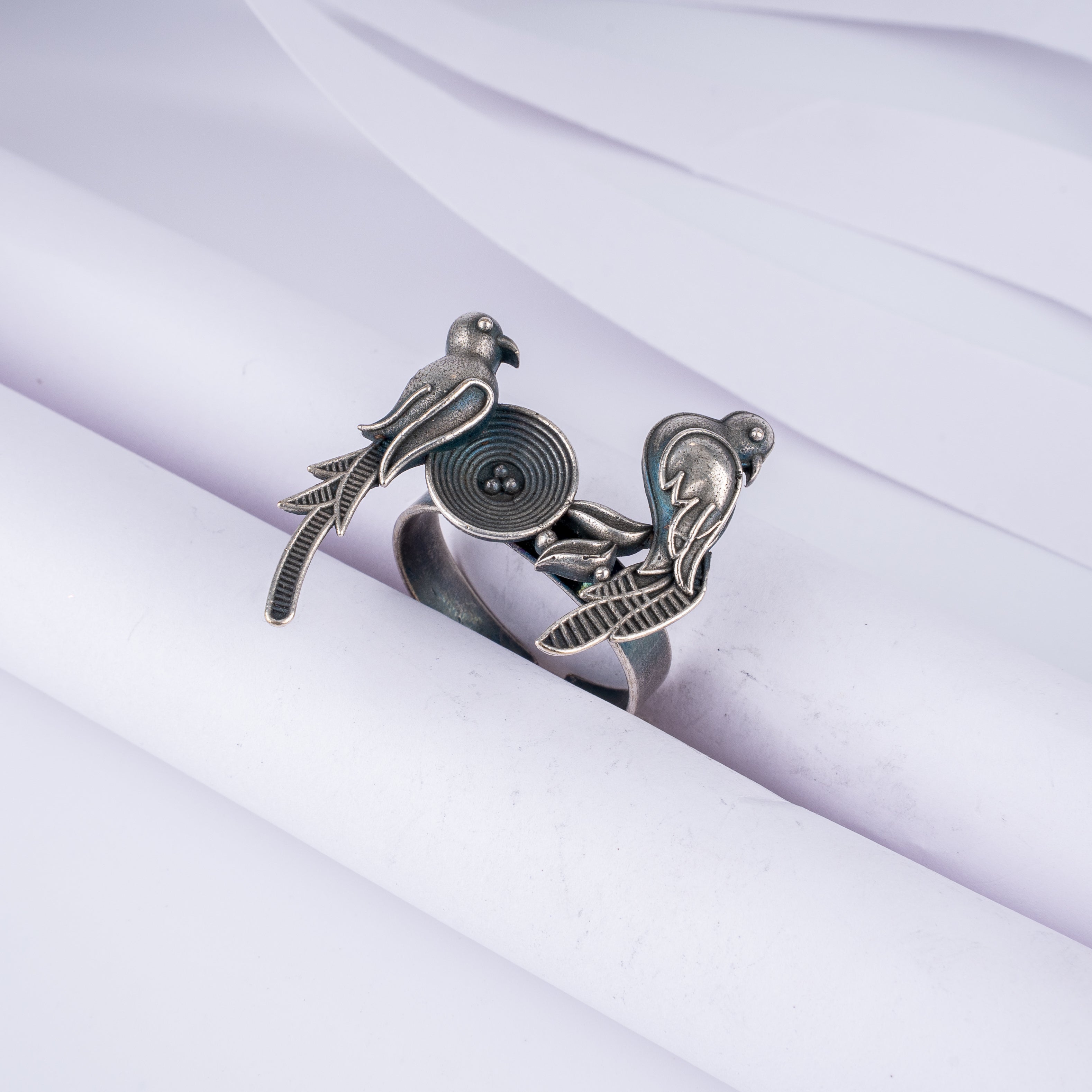 Oxidised Silver Twin Birds in Nest Statement Ring