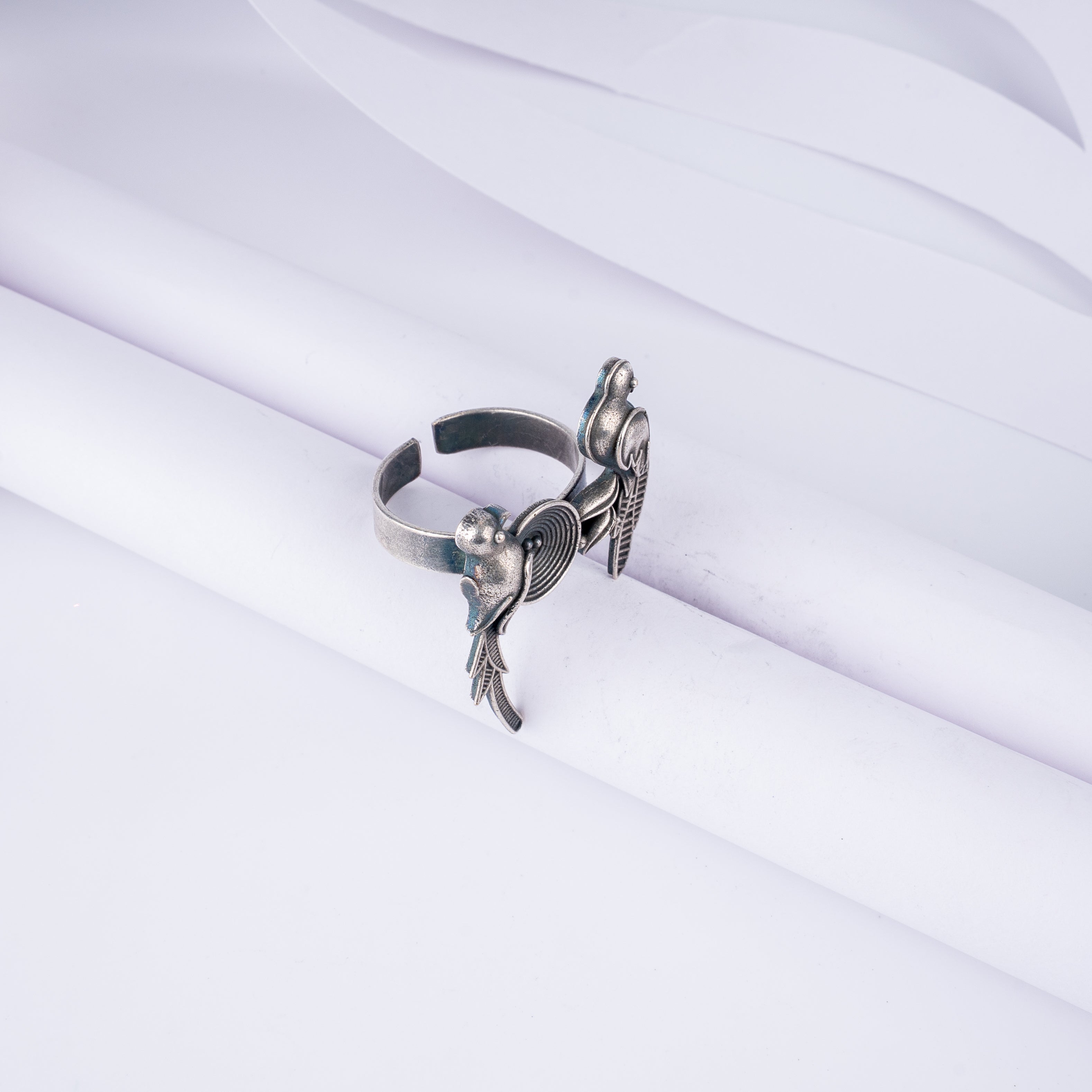Oxidised Silver Twin Birds in Nest Statement Ring