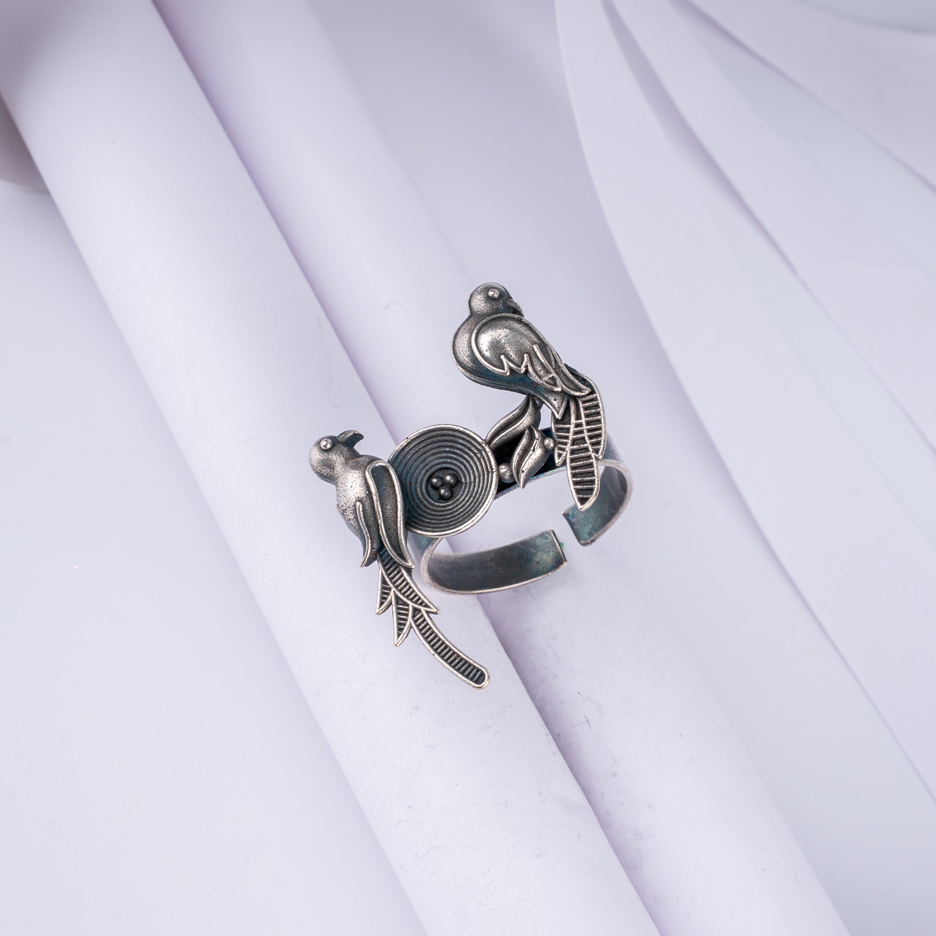 Oxidised Silver Twin Birds in Nest Statement Ring