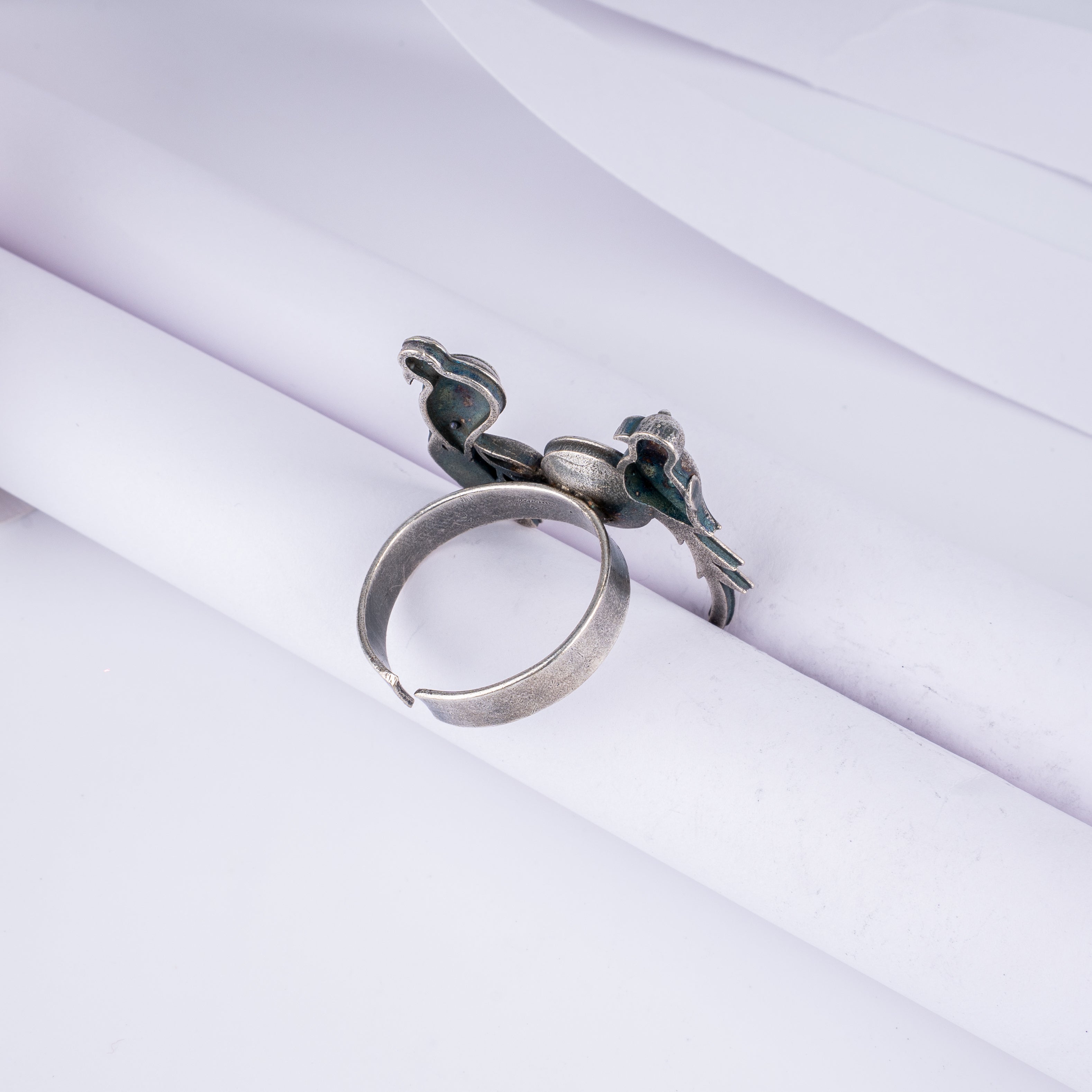Oxidised Silver Twin Birds in Nest Statement Ring