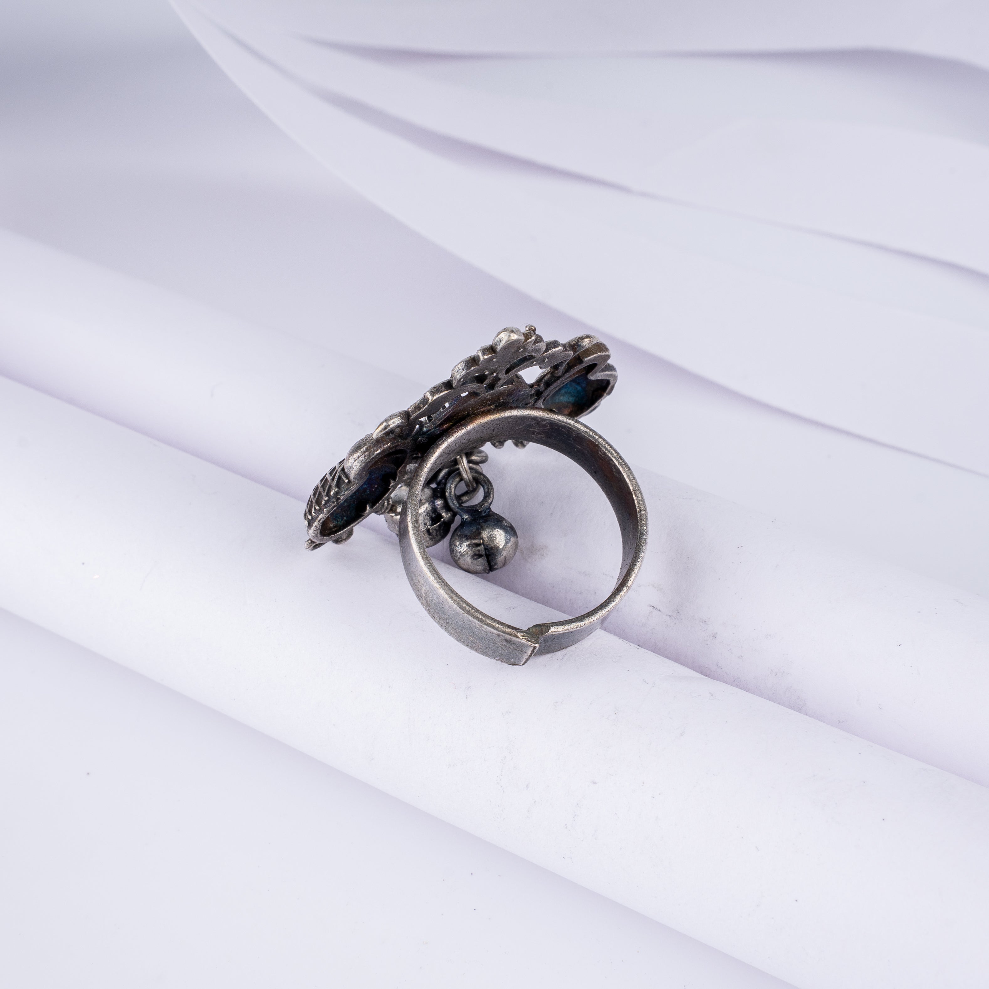 Oxidised Silver Ganesha Kalash Ghungroo Statement Ring
