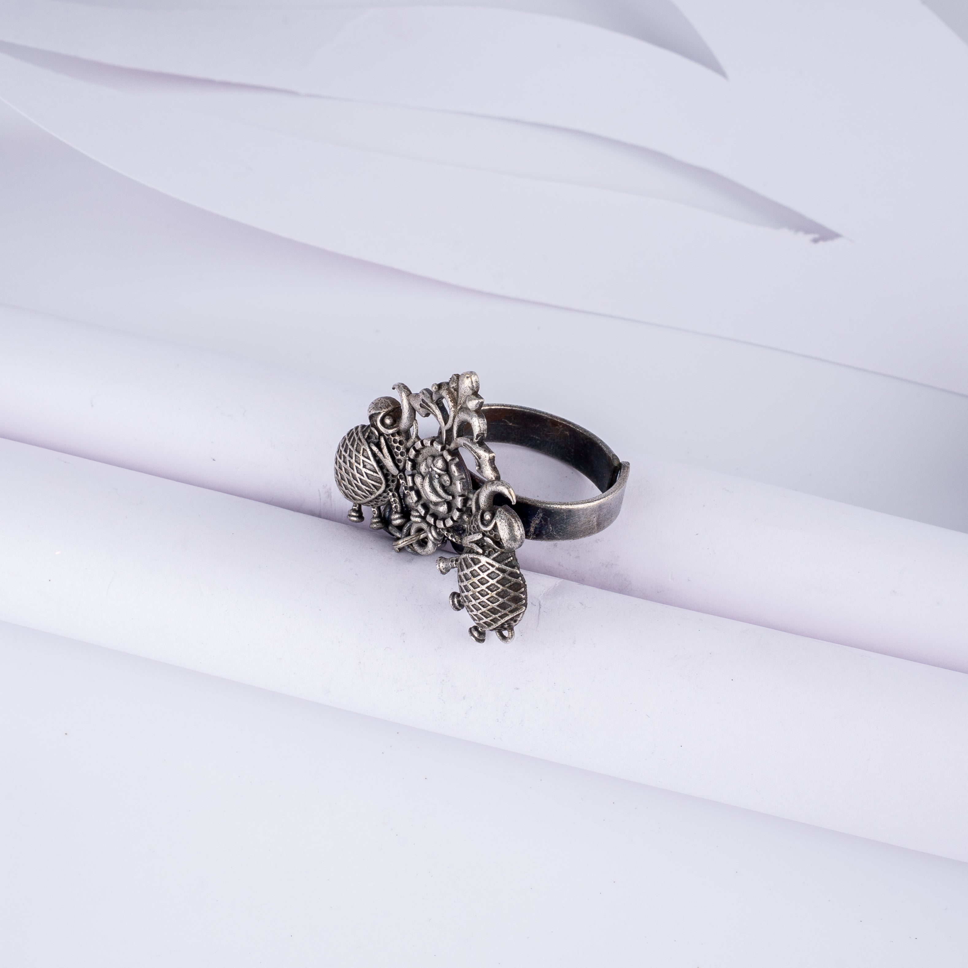 Oxidised Silver Ganesha Kalash Ghungroo Statement Ring