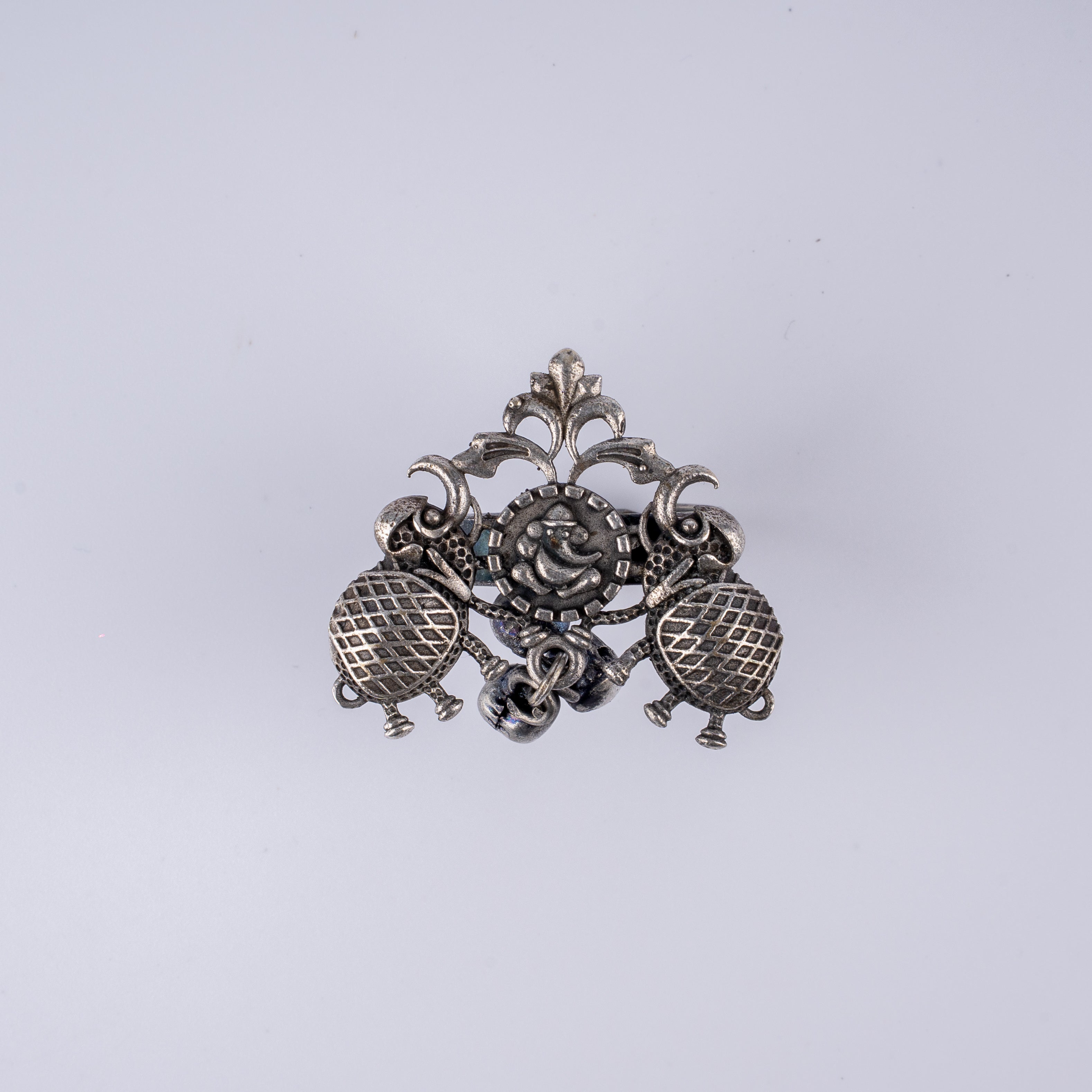 Oxidised Silver Ganesha Kalash Ghungroo Statement Ring