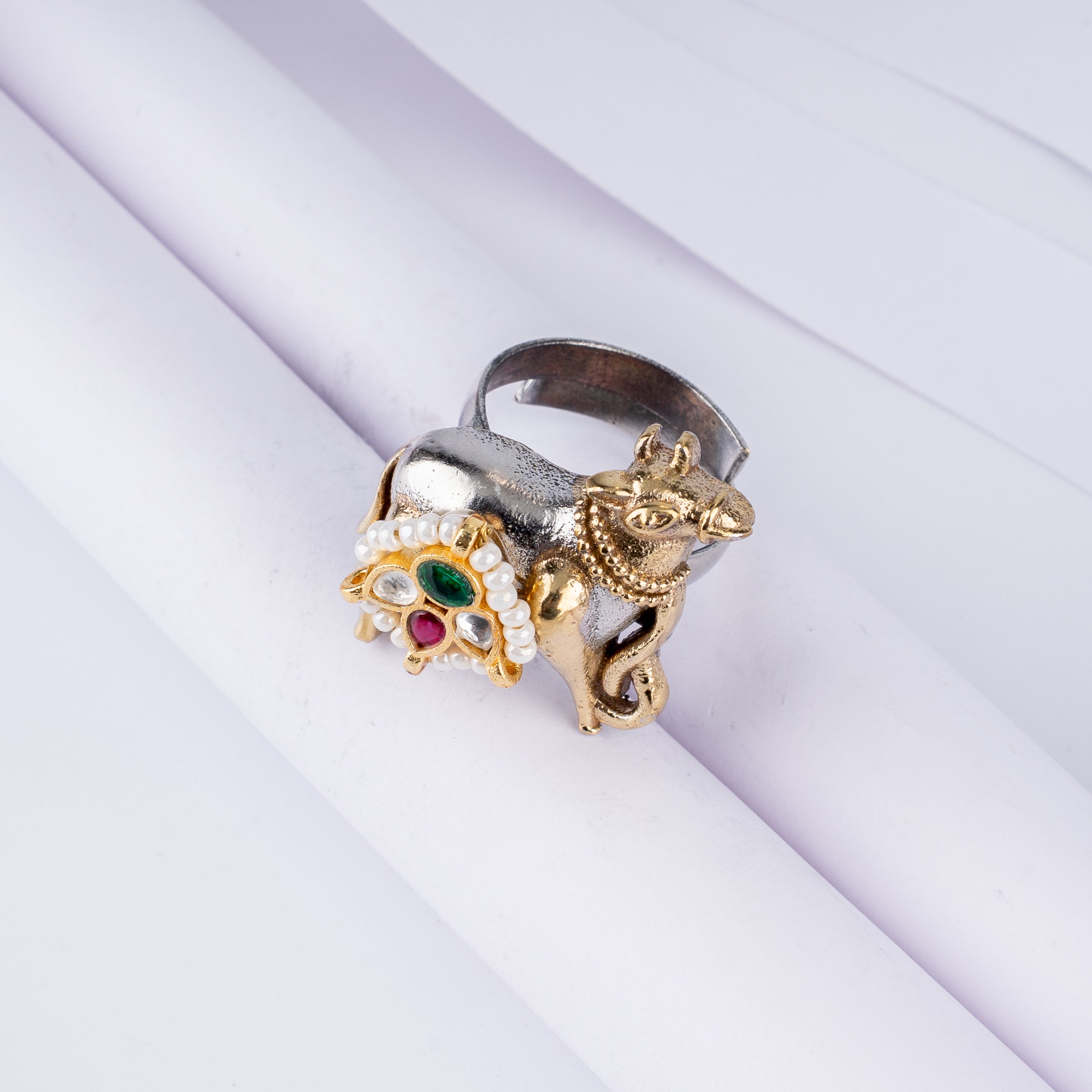 Dual Tone Kundan Pearl Kamadhenu Cow Statement Ring