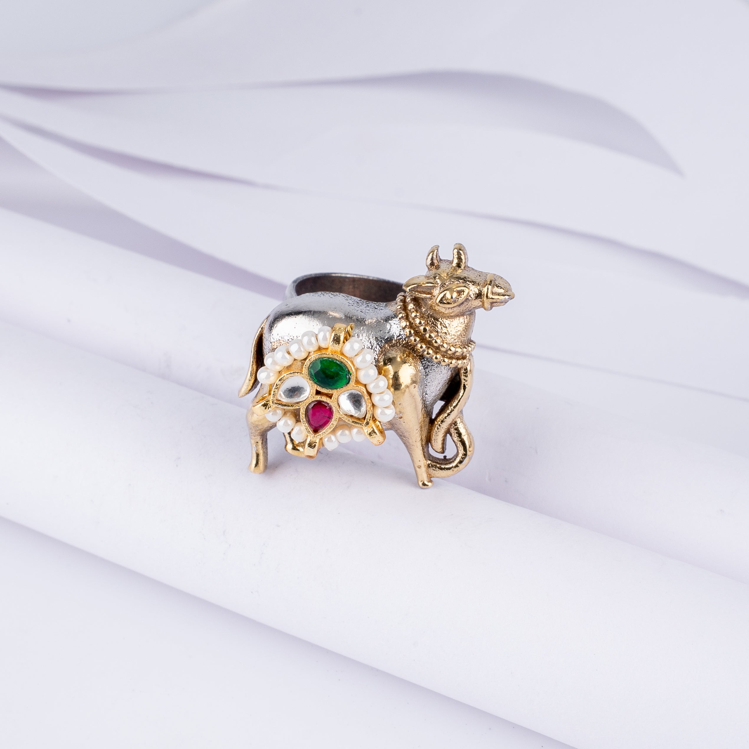 Dual Tone Kundan Pearl Kamadhenu Cow Statement Ring