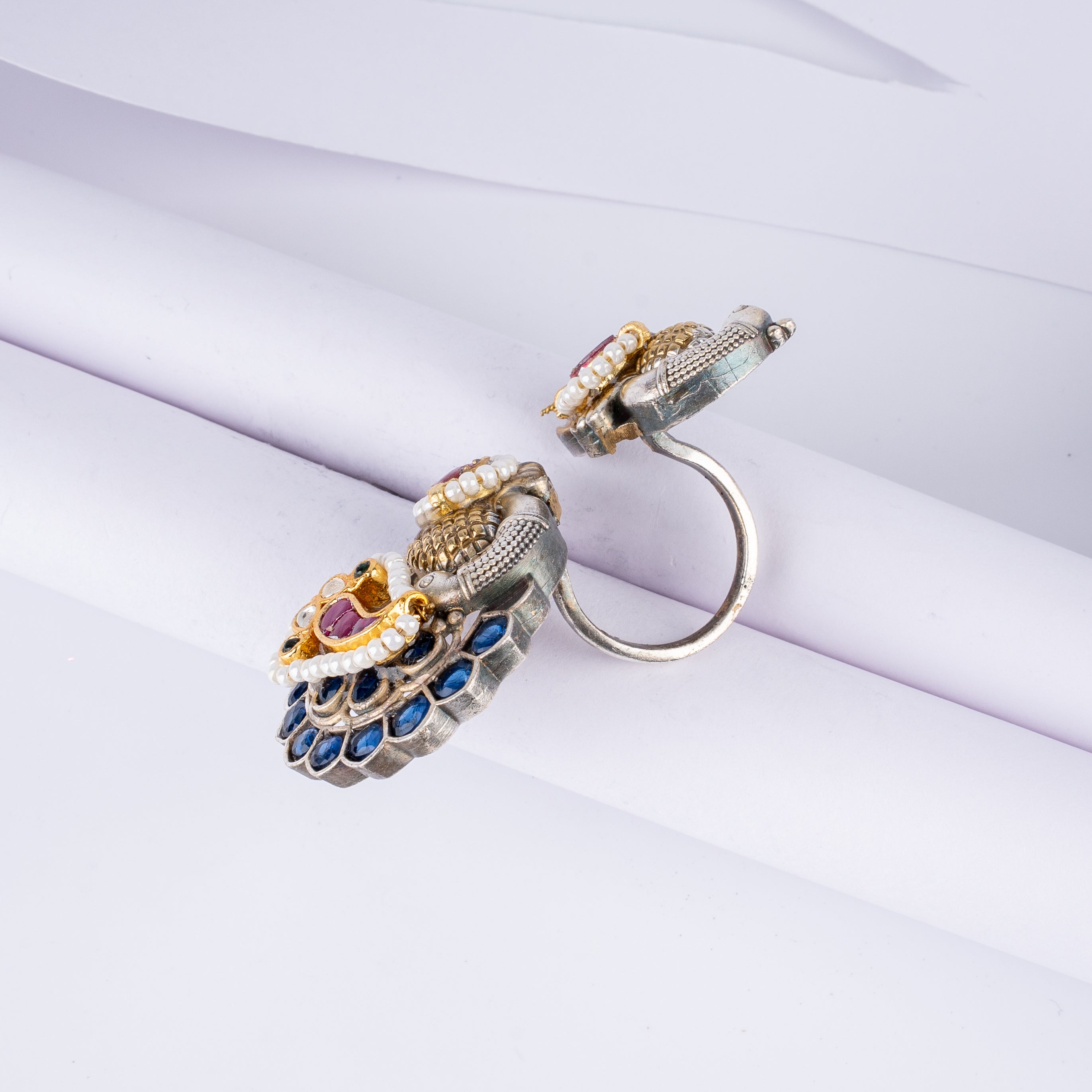 Dual Tone Twin Peacock Kundan Blue Stone Open Statement Ring
