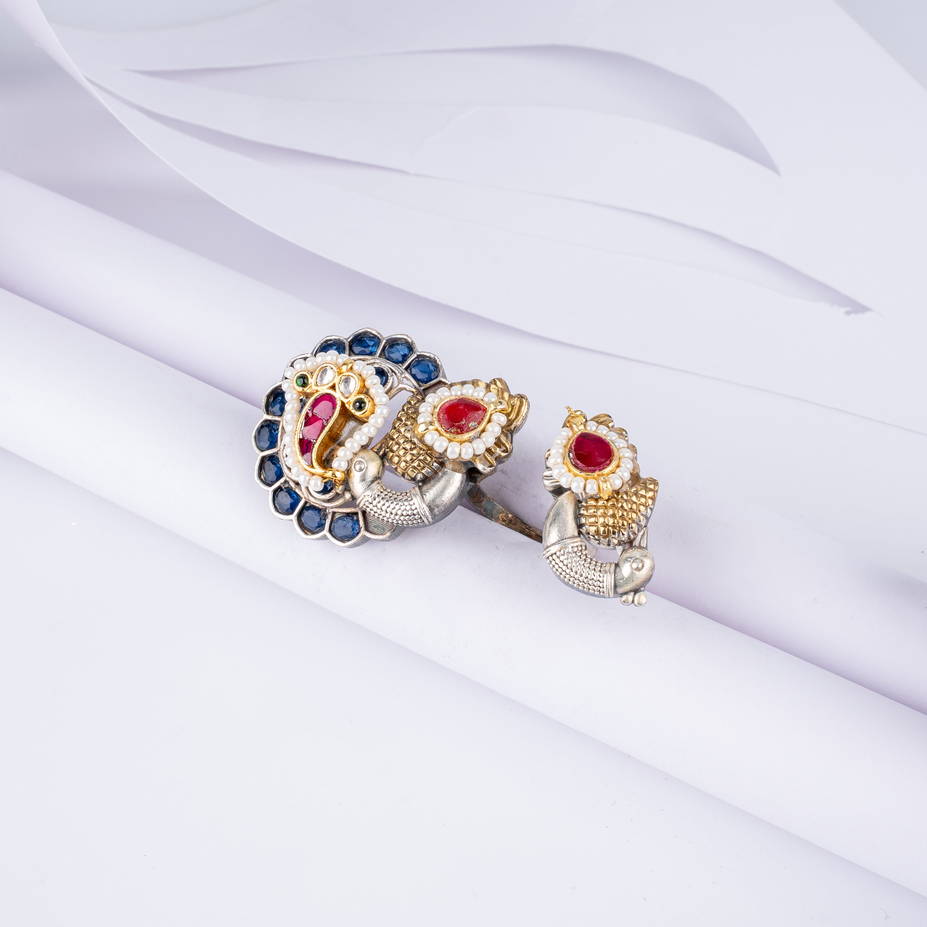 Dual Tone Twin Peacock Kundan Blue Stone Open Statement Ring