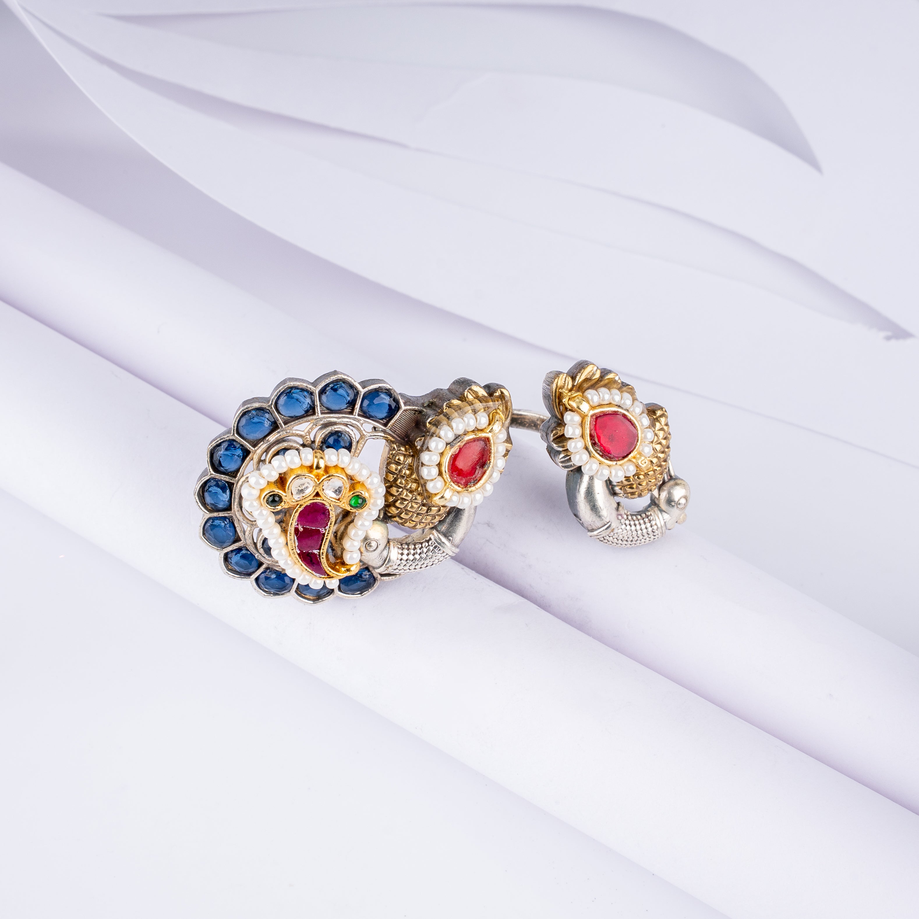 Dual Tone Twin Peacock Kundan Blue Stone Open Statement Ring