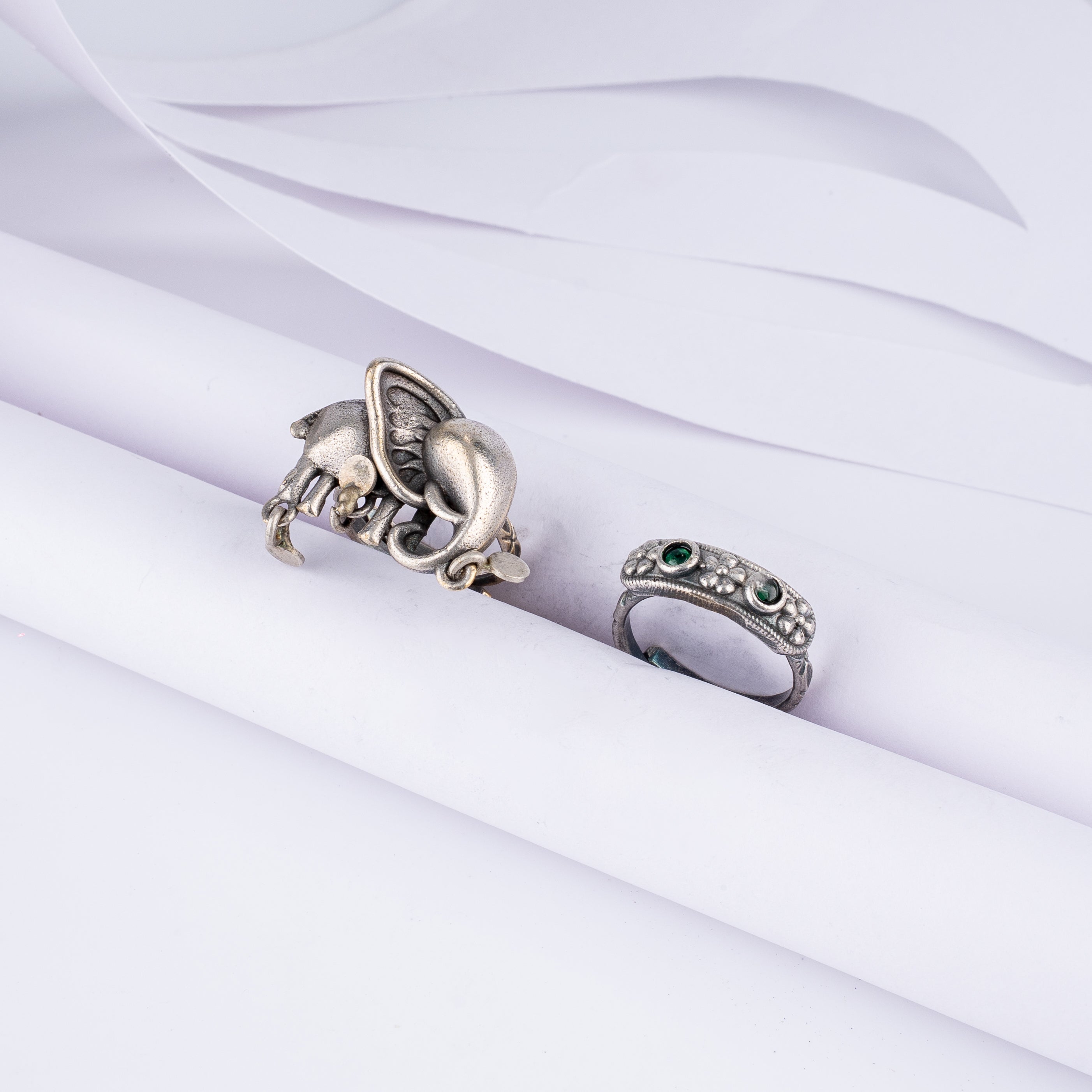 Oxidised Silver Royal Elephant Ring Set with Coin Charms