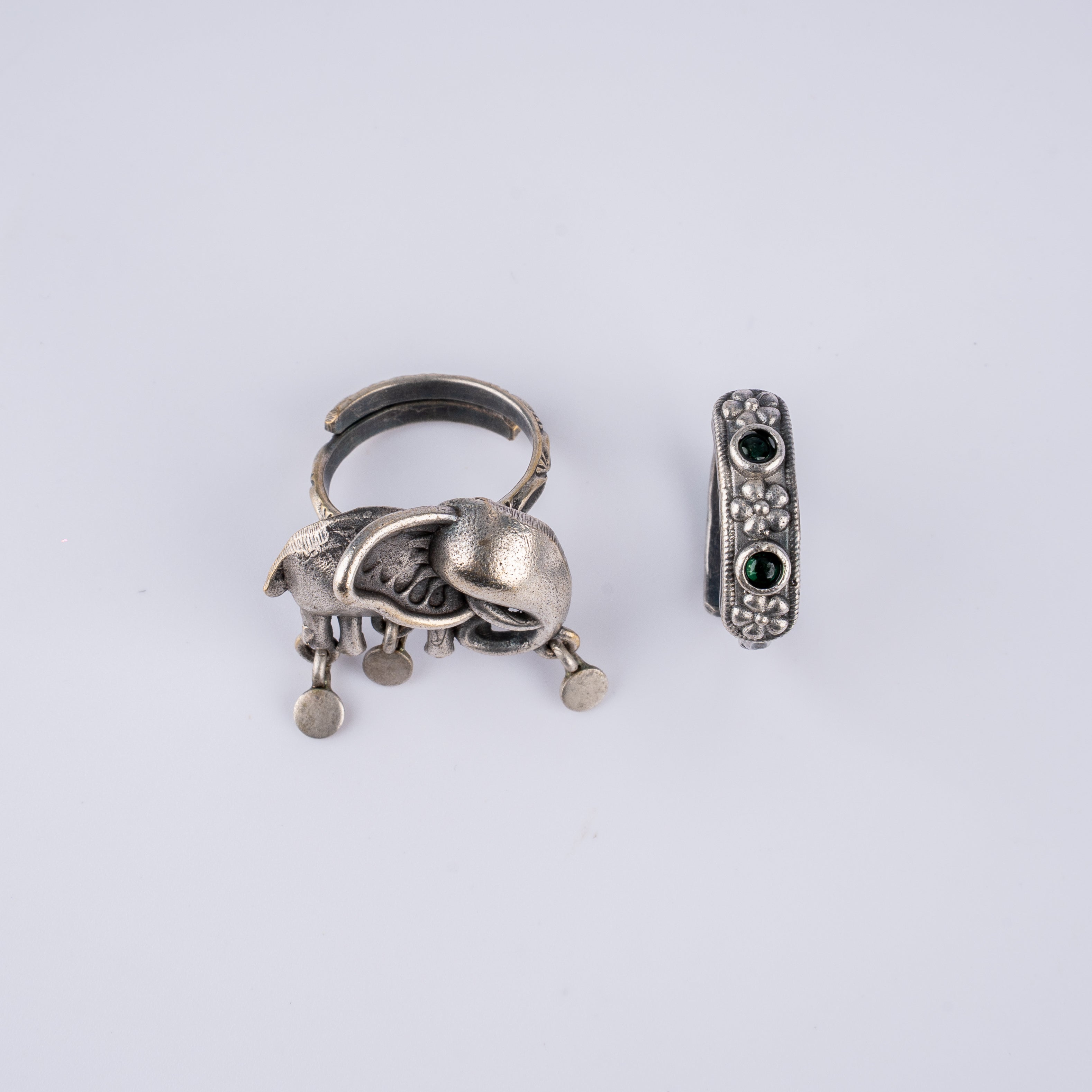 Oxidised Silver Royal Elephant Ring Set with Coin Charms