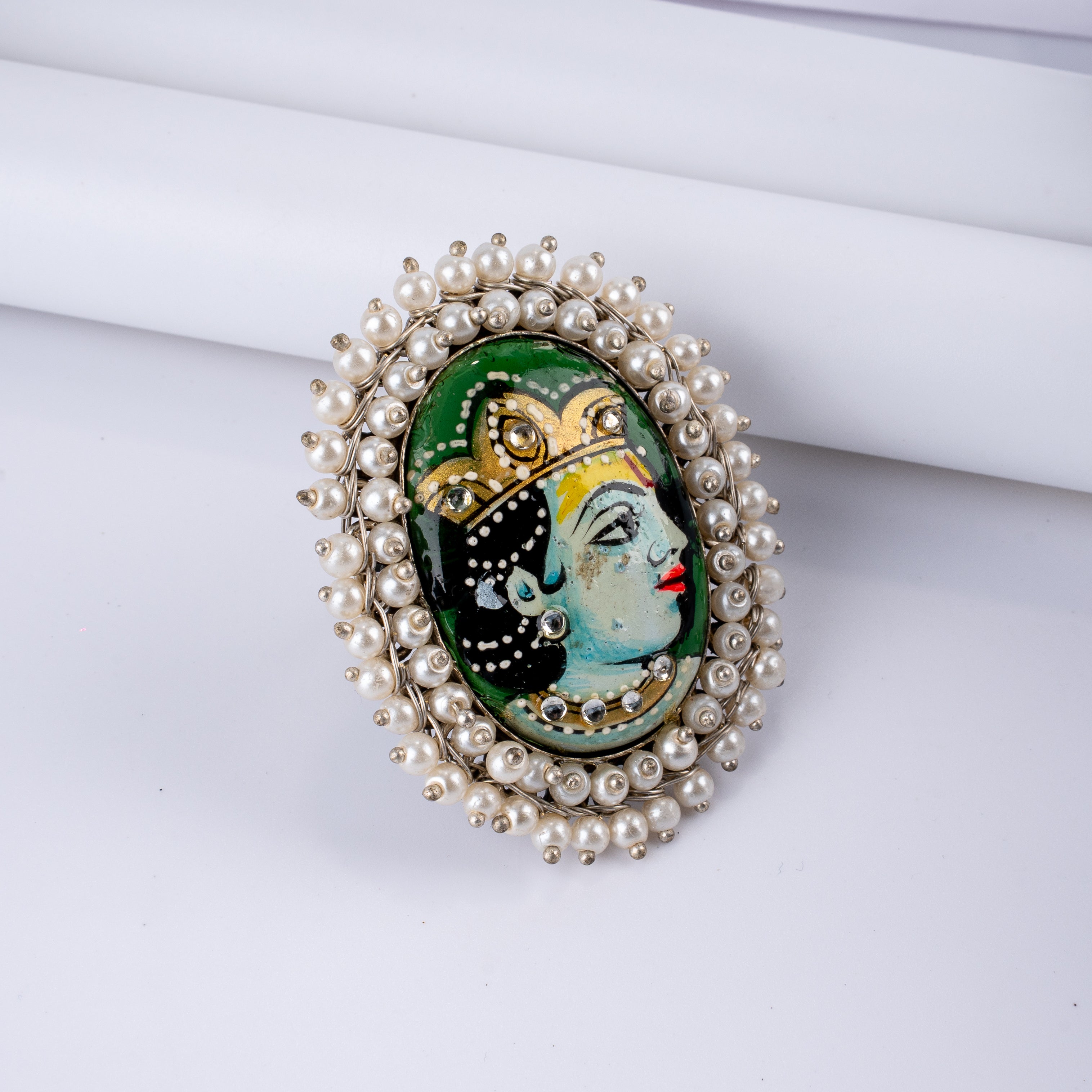 Handpainted Shrinathji Pearl Cluster Statement Ring