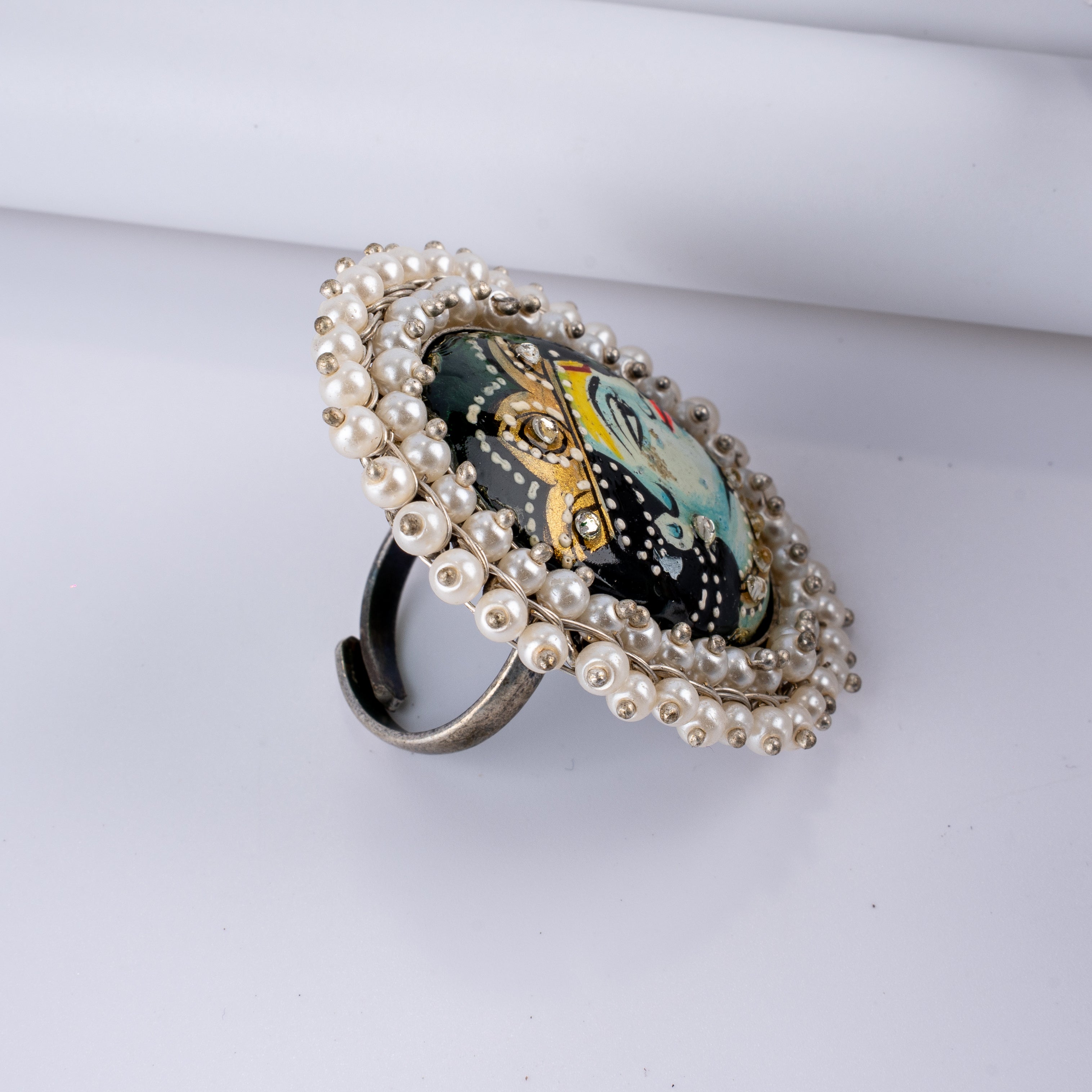Handpainted Shrinathji Pearl Cluster Statement Ring