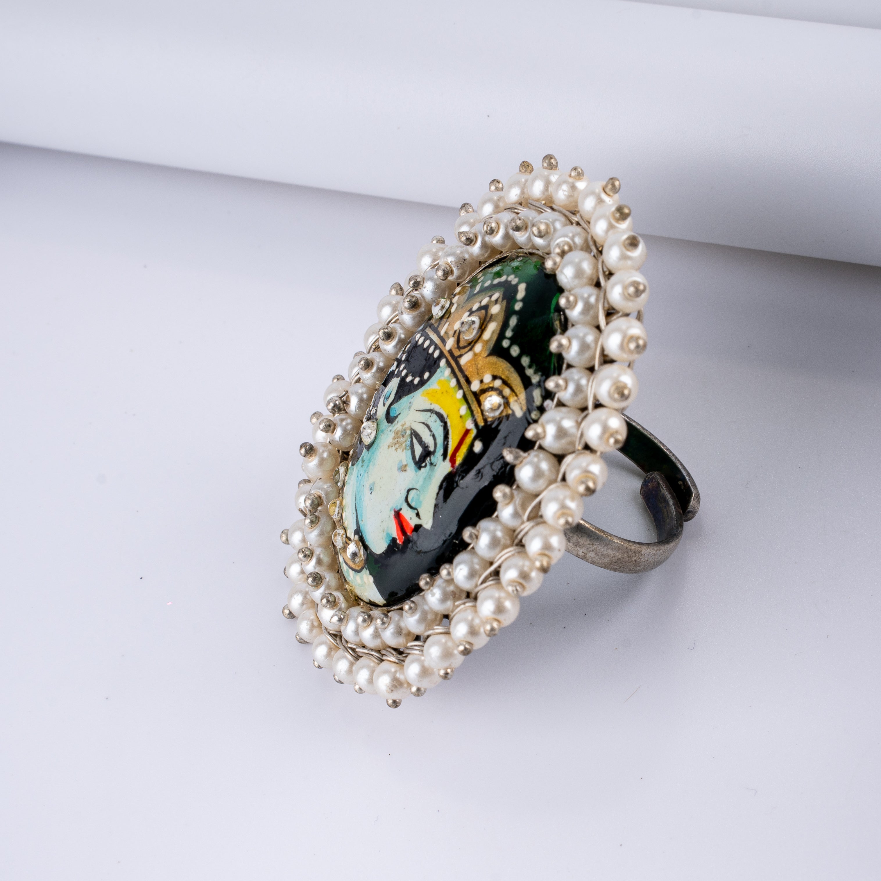 Handpainted Shrinathji Pearl Cluster Statement Ring
