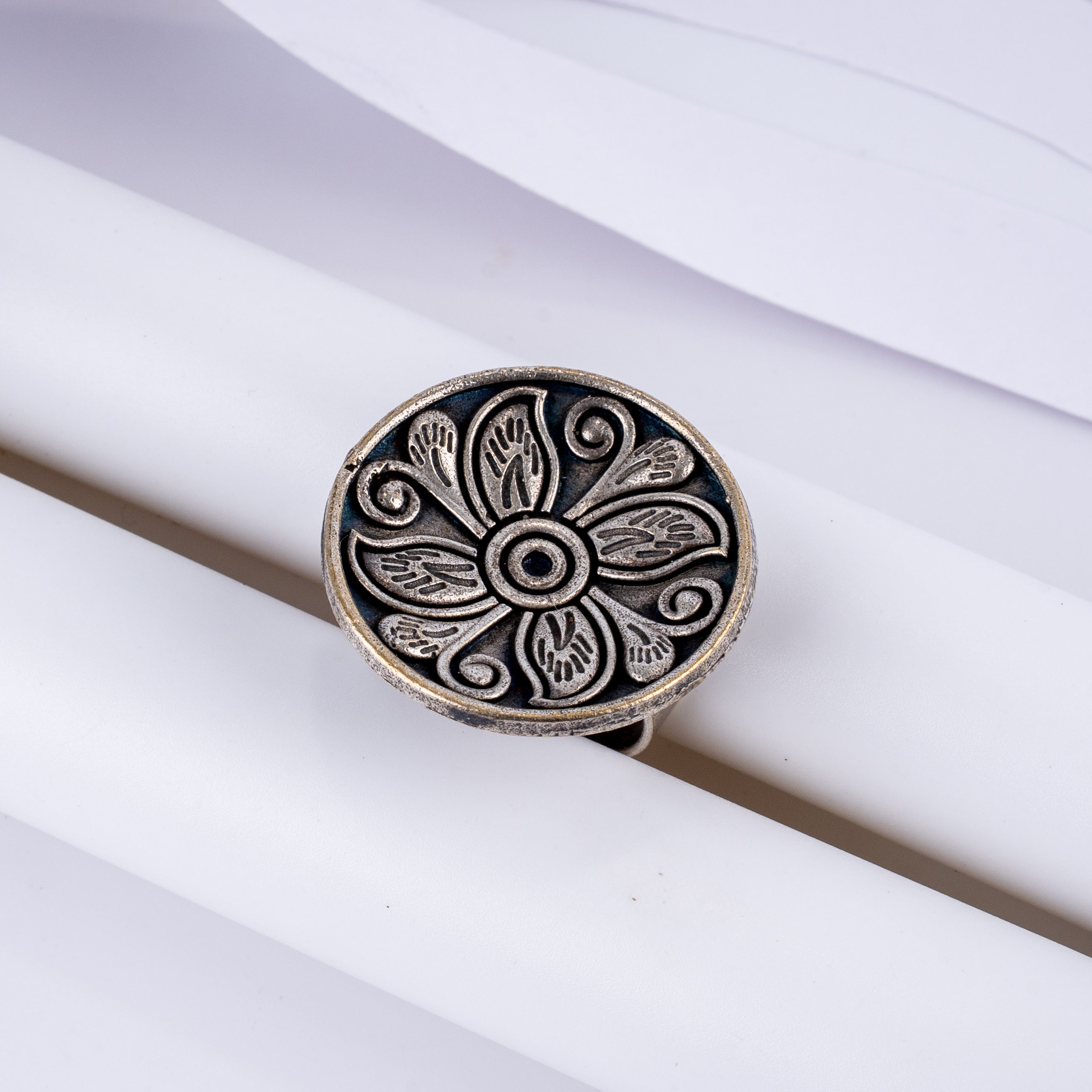 Oxidised Silver Oval Floral Carved Statement Ring