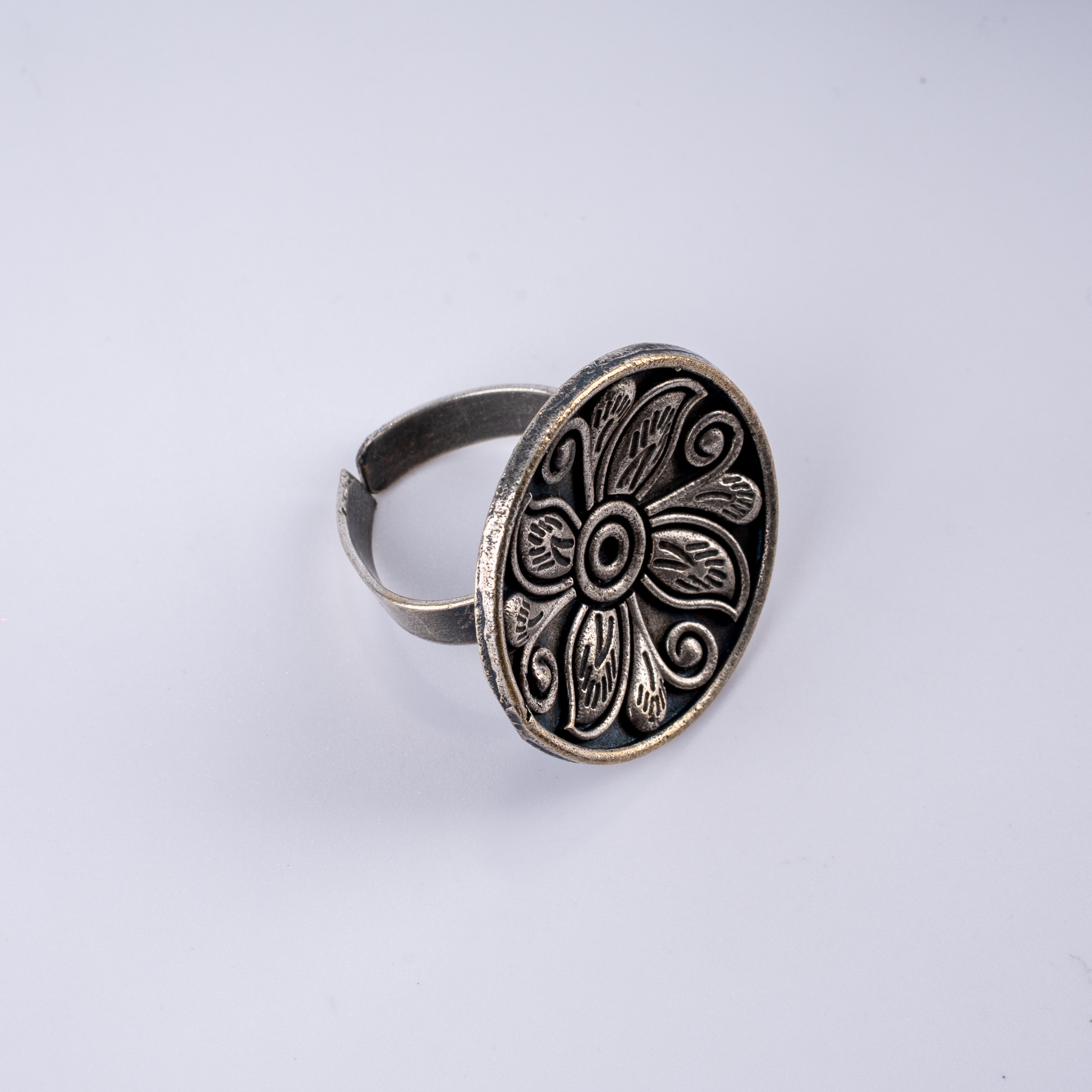Oxidised Silver Oval Floral Carved Statement Ring