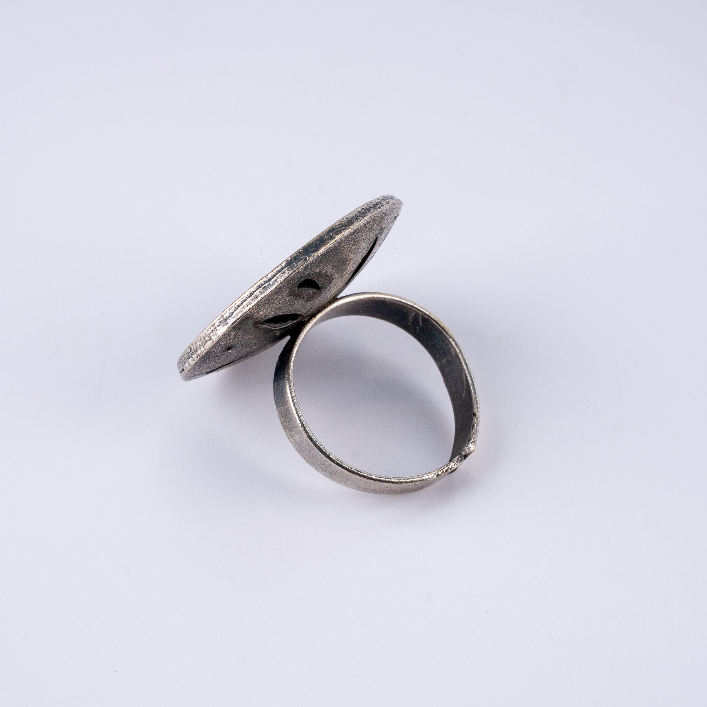 Oxidised Silver Oval Floral Carved Statement Ring