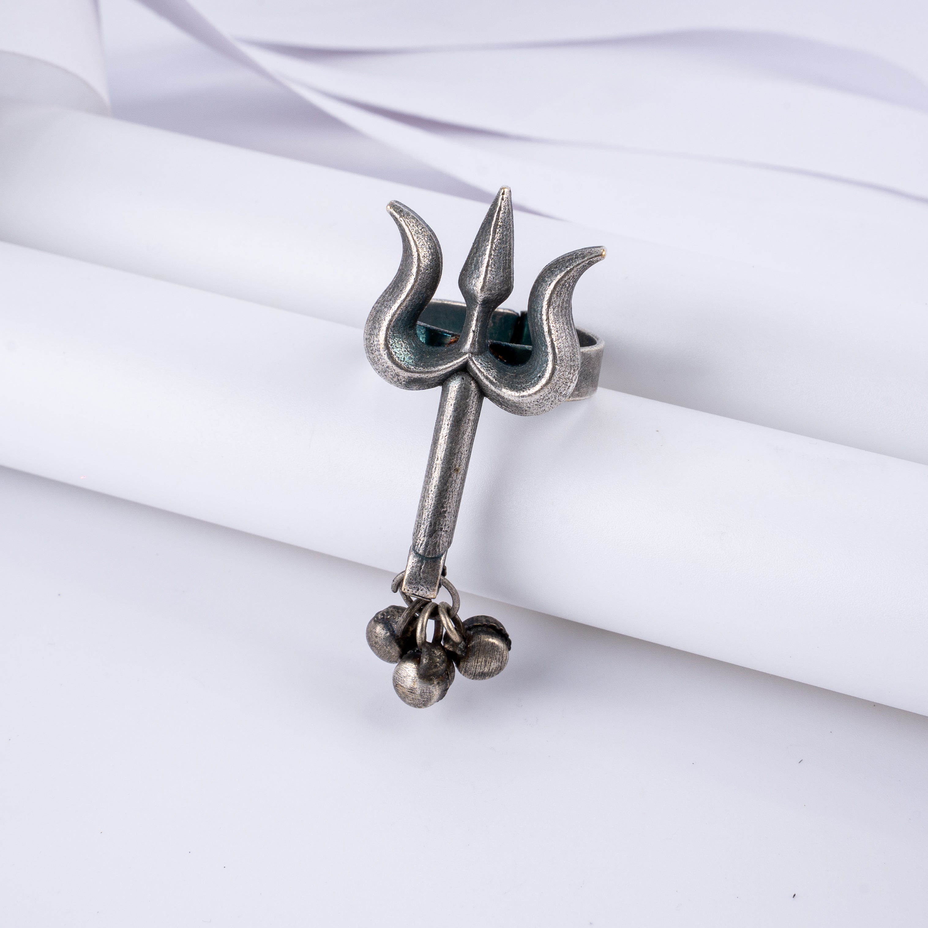 Oxidised Silver Trishul Ghungroo Statement Finger Ring